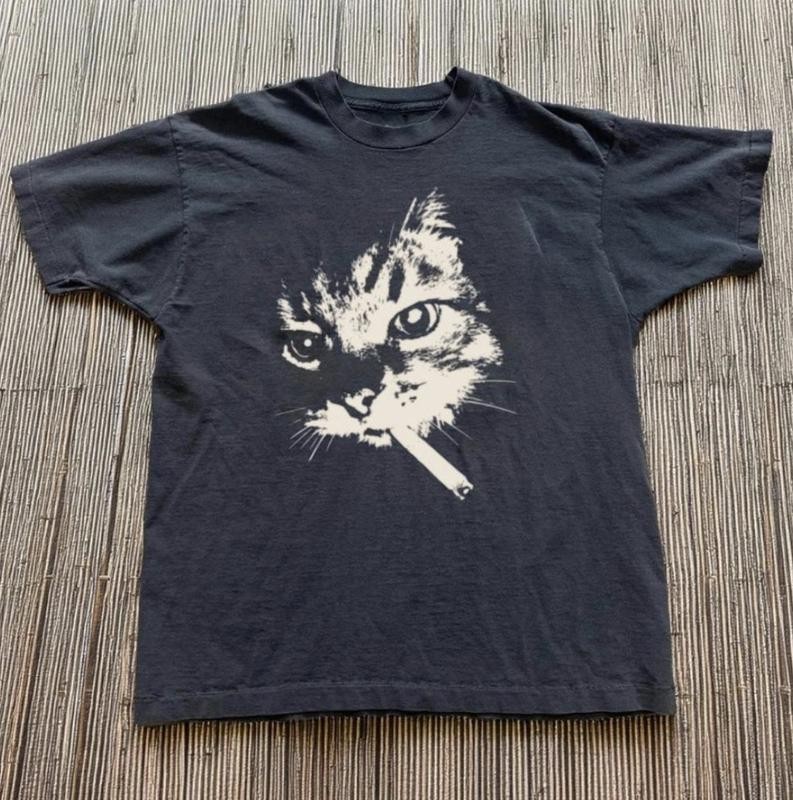 Cat Smoke Black Y2K Grunge Vintage Graphic Tee Unisex Animal Streetwear Gift Top