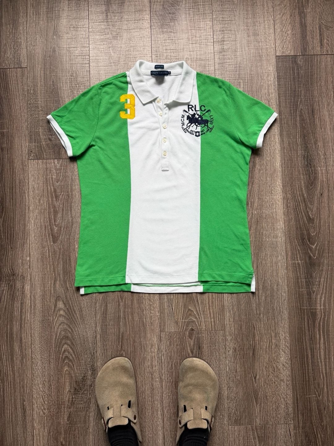 Ralph Lauren Green and White Striped Polo Shirt with #3 and RLC Embroidery