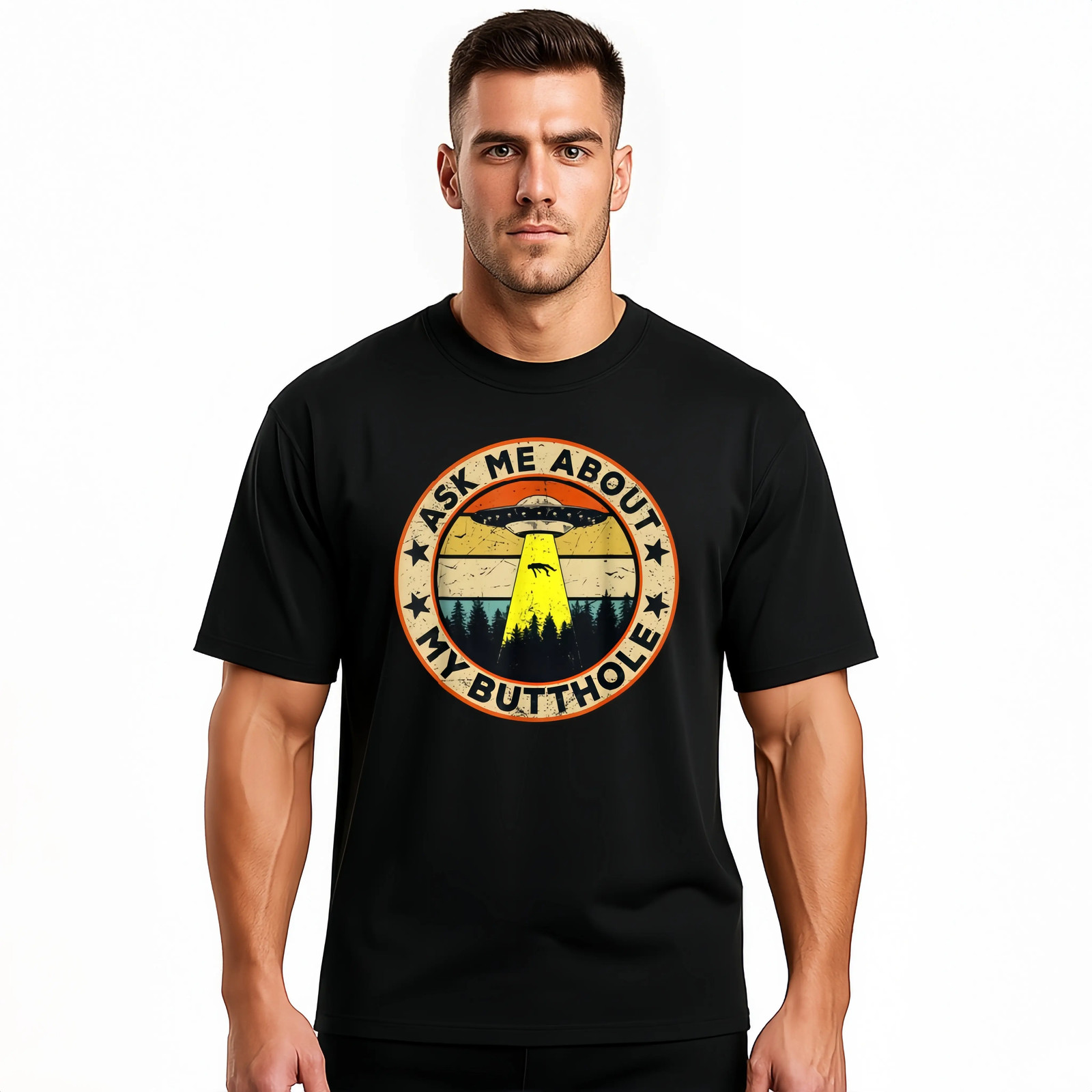 Men’s Cotton Short-Sleeve Round Neck T-Shirt Vintage UFO Alien Abduction Graphic