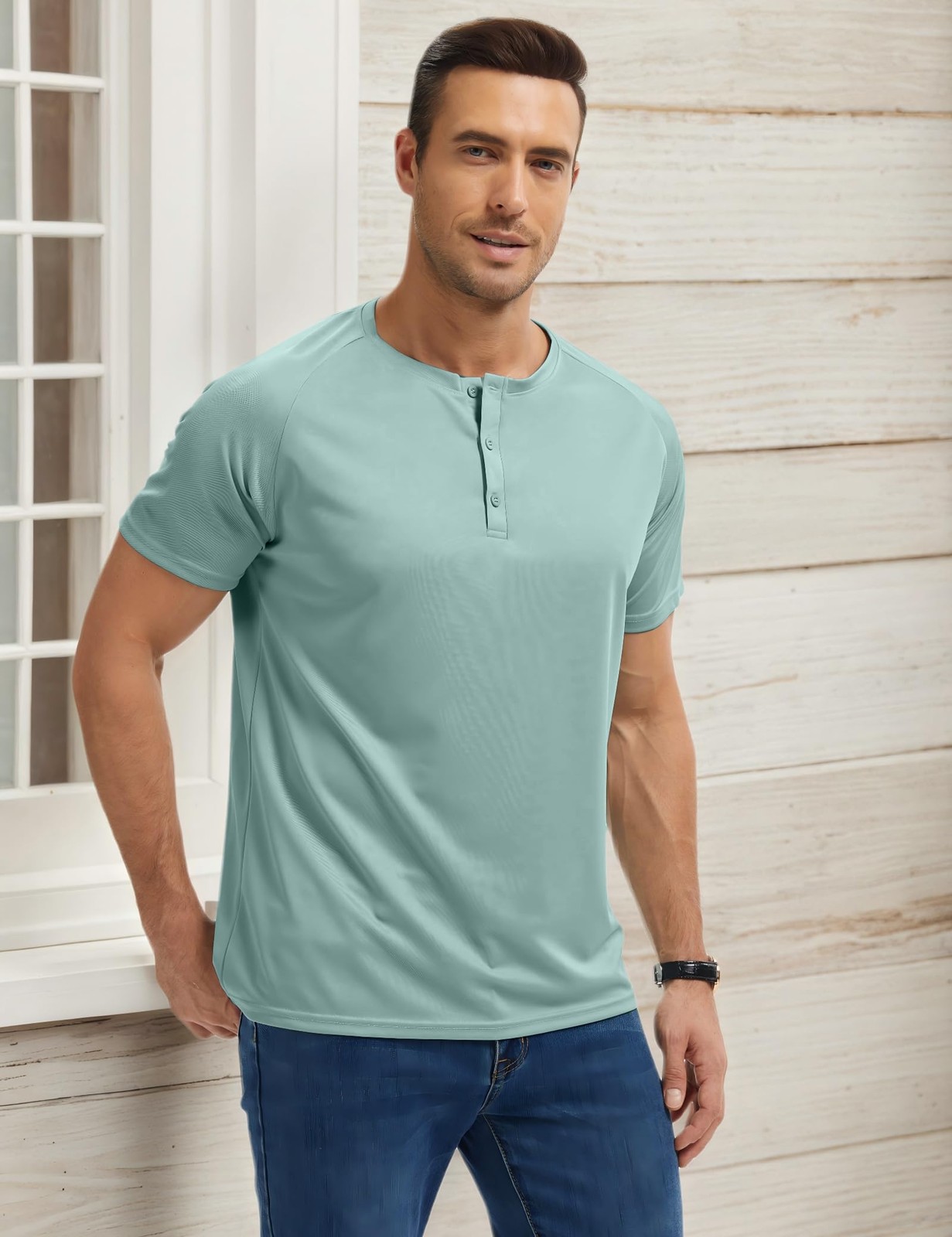 5 Pack Men’s Henley Shirt Basic T Shirt, Moisture Wicking Breathable Button D.