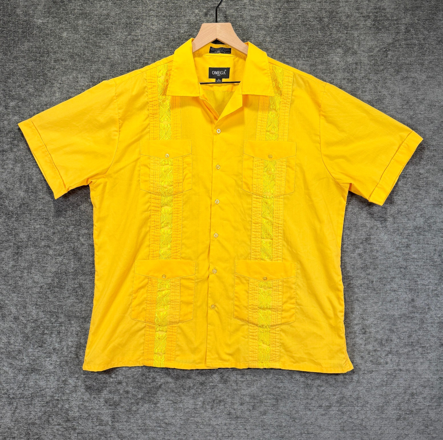 Omega Italy Guayabera Cabana Shirt Yellow Embroidered Four Pocket XL