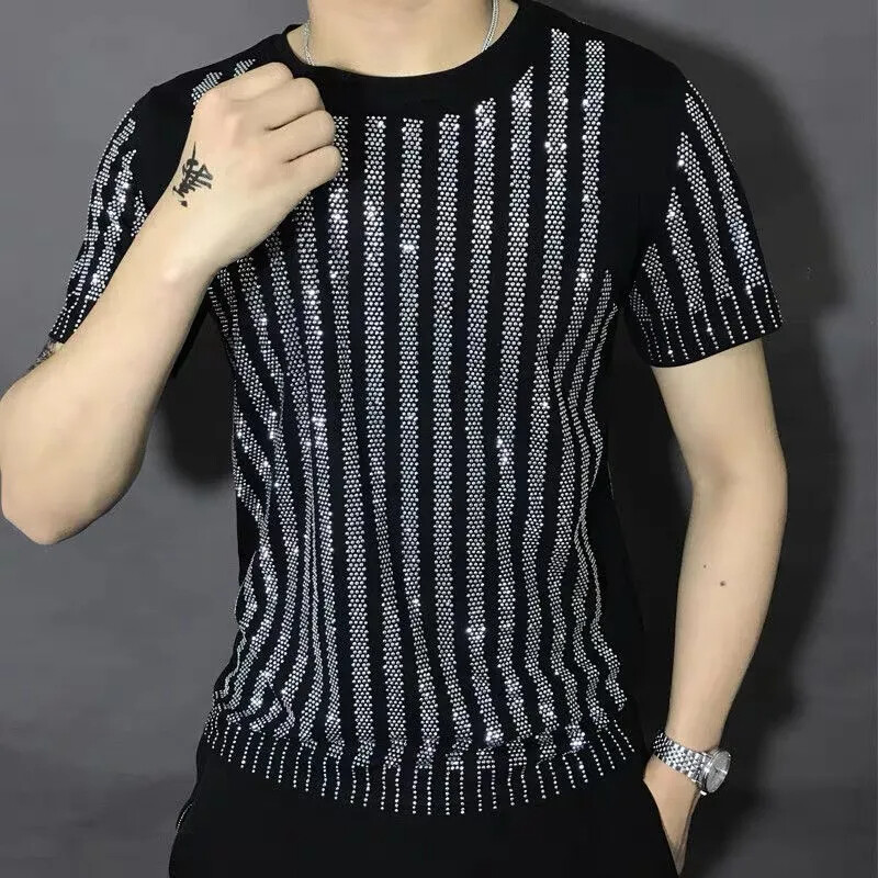 New Men Luxury Diamond Rhinestones Fashion Black T-Shirt High Quality