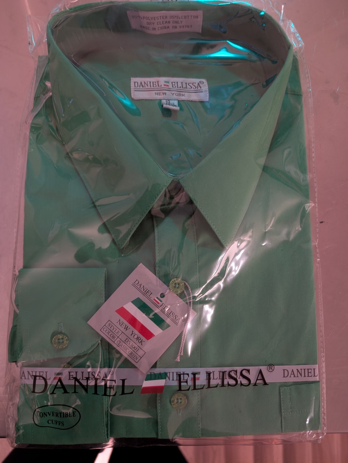 Daniel Ellissa Men’s Green Solid Classic Fit Dress Shirt 19.5 34/35 Conv Cuff