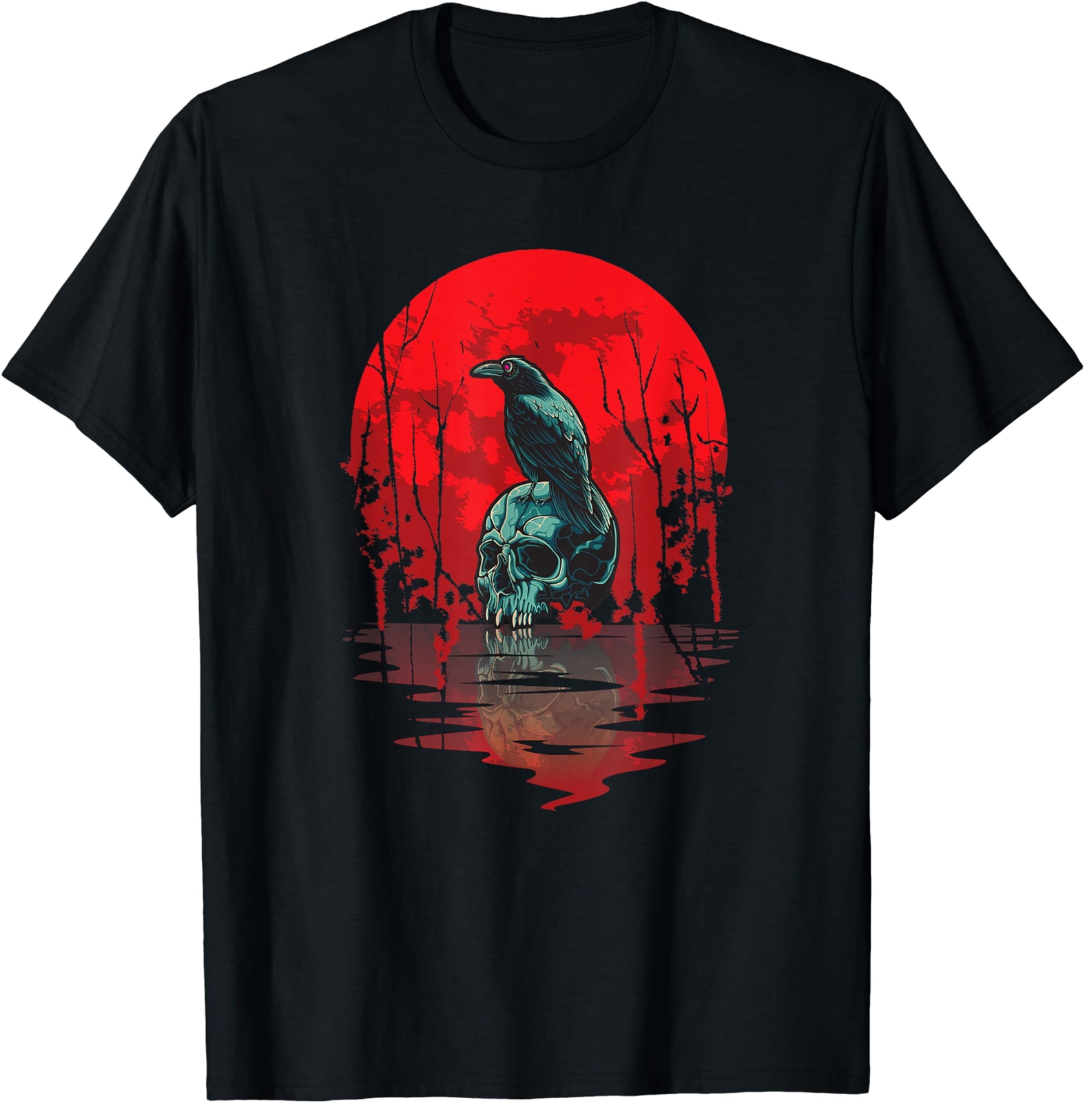 Gothic Raven Skull Red Moon Black Crow T-Shirt Size S-5XL