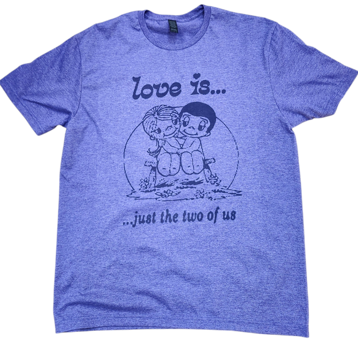 1972 Kim Casali LOVE IS Men color royal blue T-shirt. . . Night Light Comic L.A.
