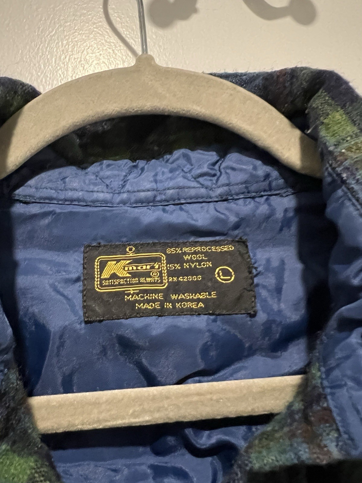 Vintage Kmart Plaid Wool Flannel Button Up Shirt Size L Machine Washable Blue