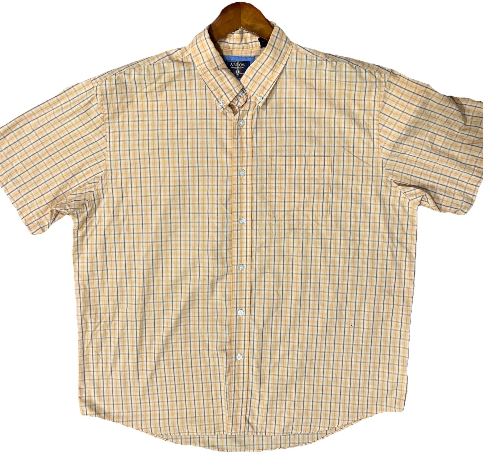 Arrow Shirt Mens XL Pale Yellow Plaid Short Sleeve Button Up Cotton Poly Blend