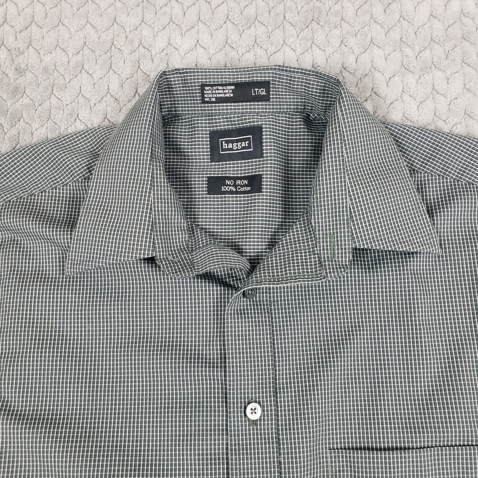 Haggar Shirt Gray Check Large Tall No Iron 100% Cotton FREE returns Dress Shirt
