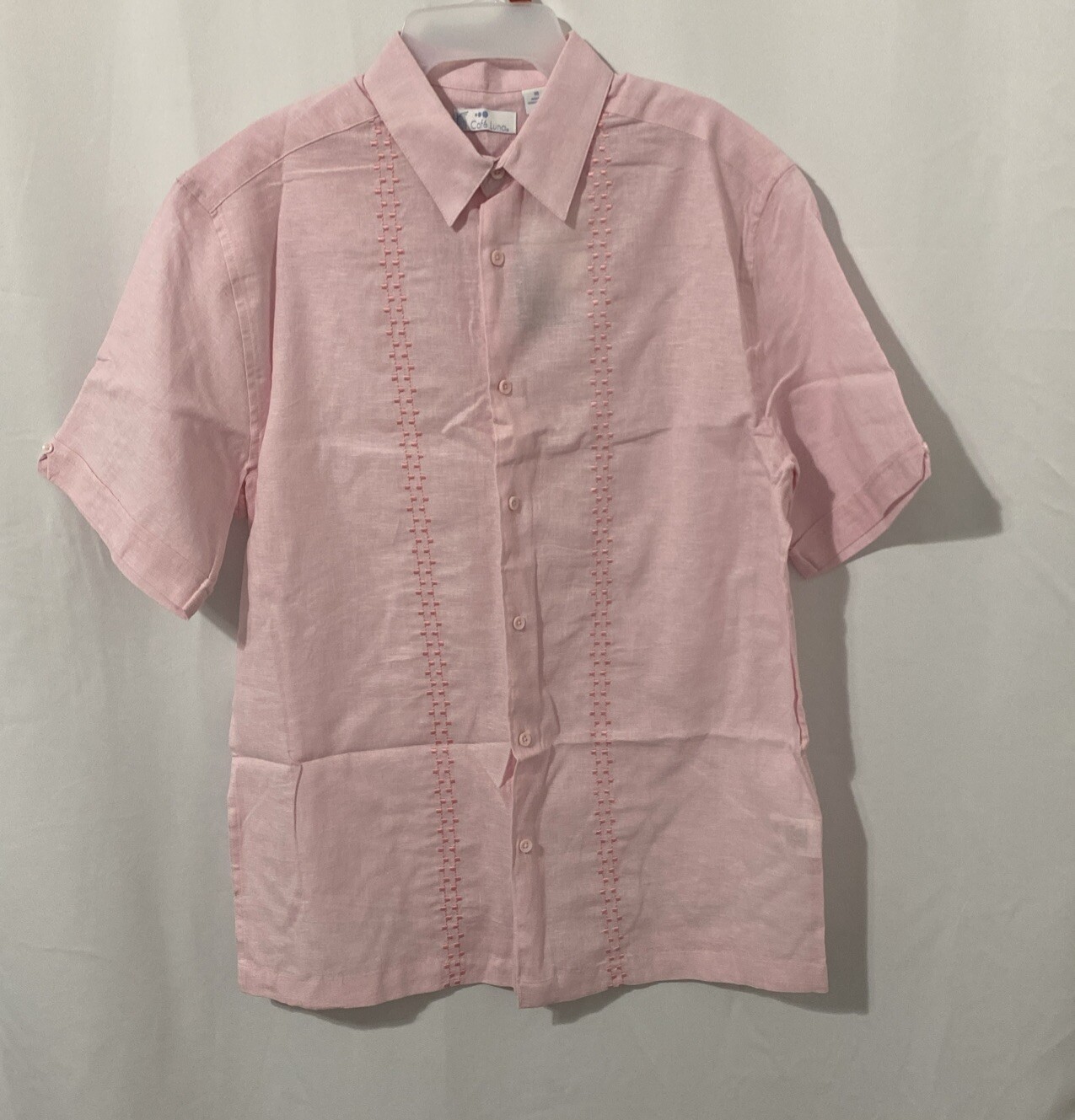 Cafe Luna Men’s Short Sleeve Linen Cotton Panel Woven Shirt Pink Medium 38-40