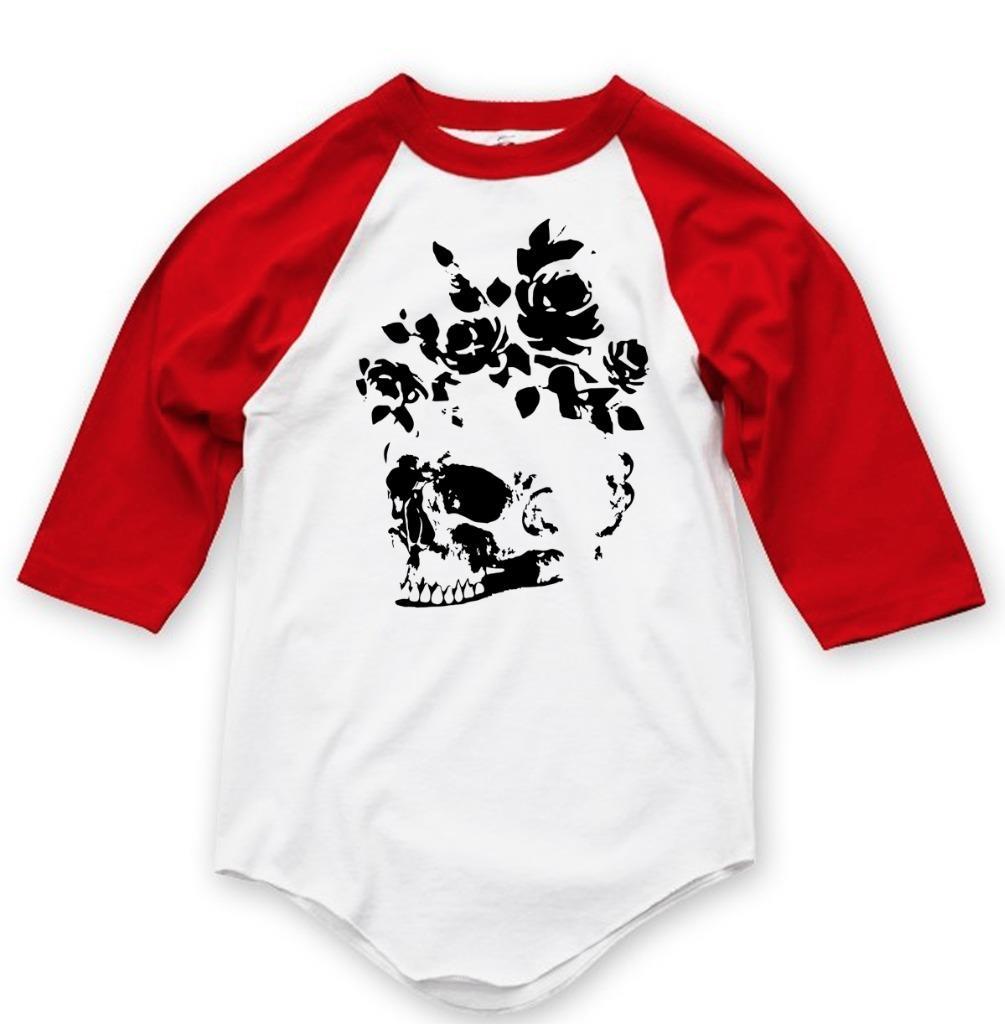 NEW PRINTED SKULL FLOWERS HIPSTER 3/4 SLEEVES REGLAN BASEBALL COTTON T-SHIRT