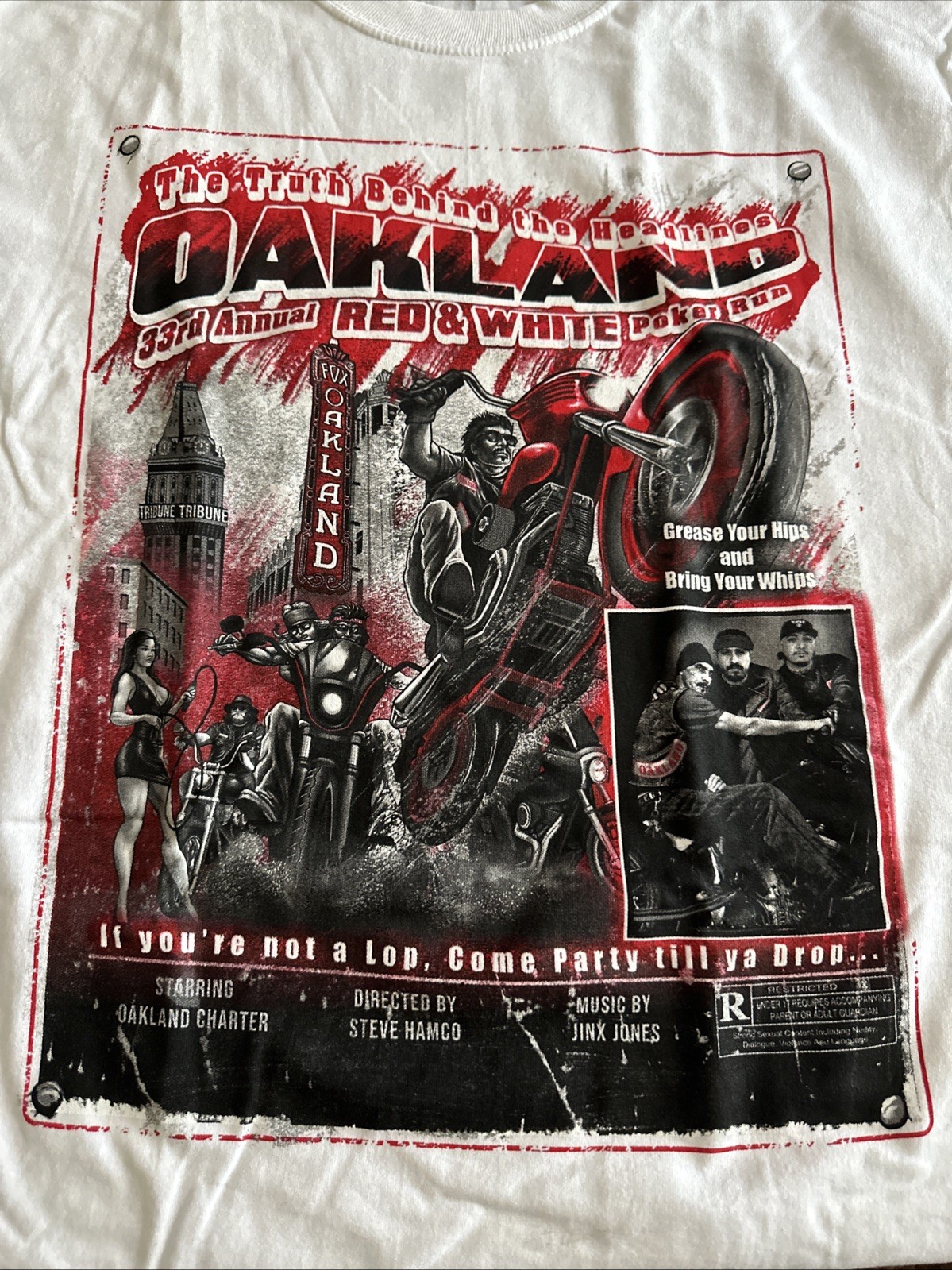 Hells Angels Oakland Red & White Support T Shirt. 33 Poker Run. Size Large