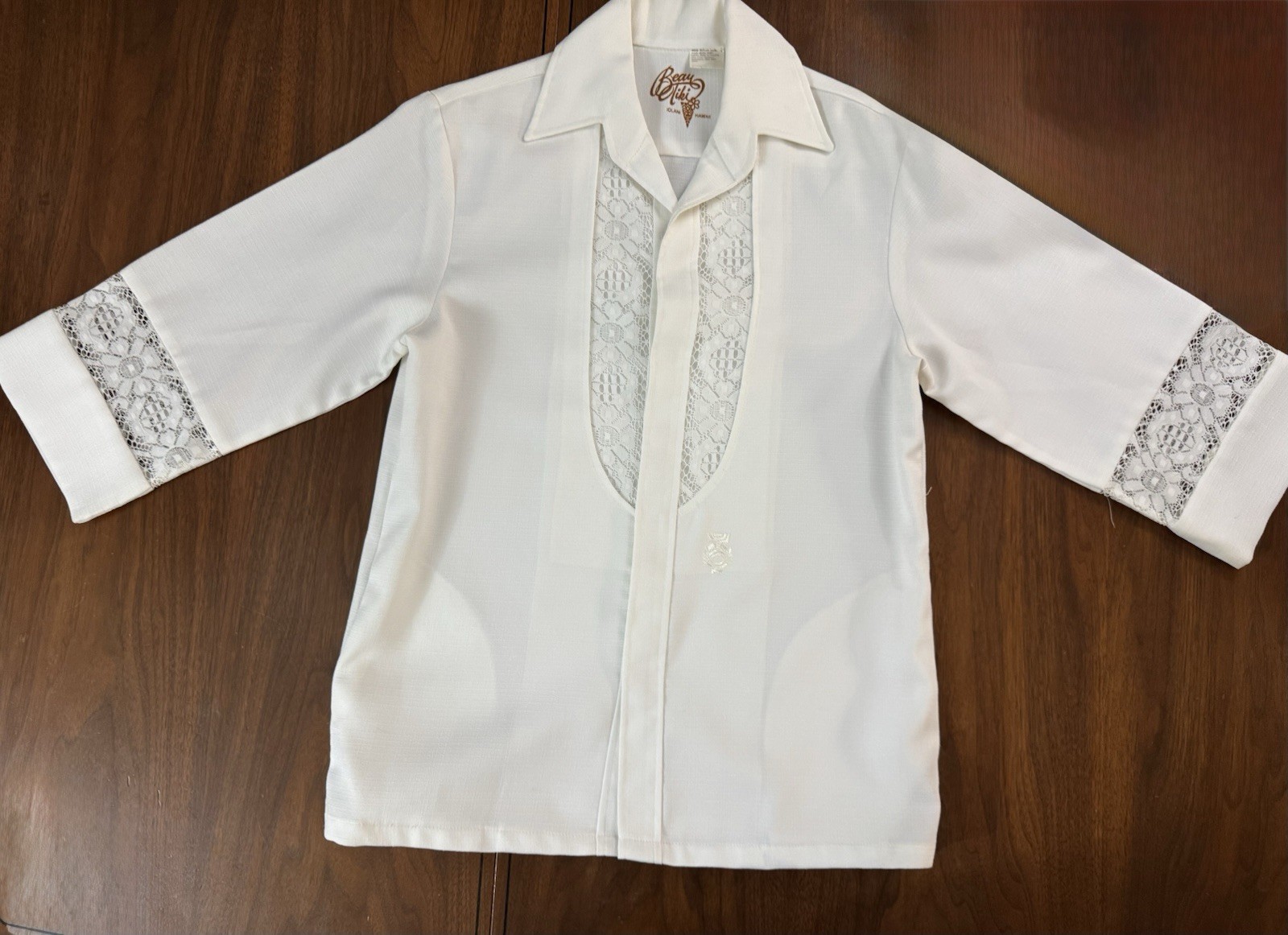 VTG Iolani Hawaii Beau Tiki Medium Mens White Hawaiian Shirt 3/4 Sleeve Lace acc