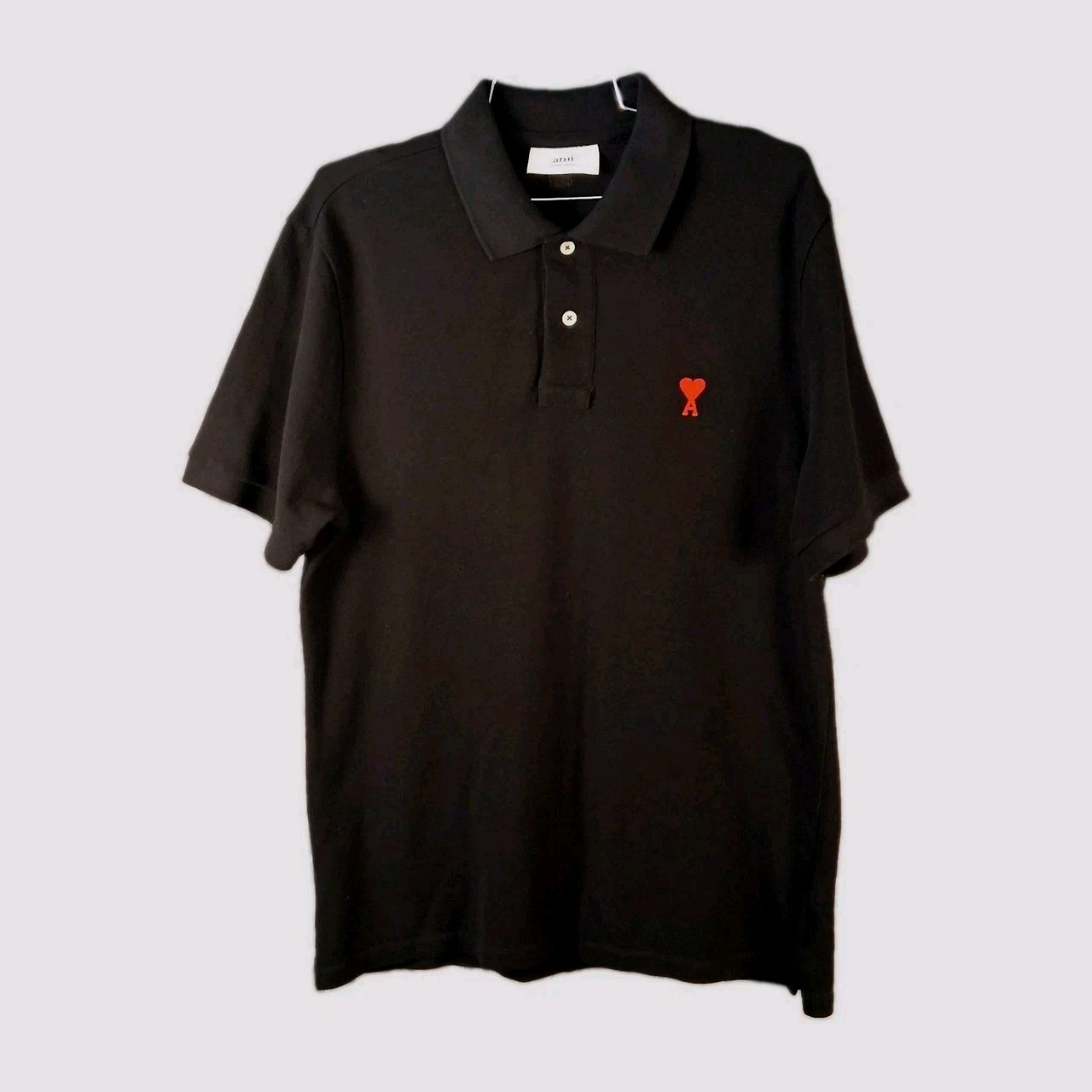 AMI Paris Men’s Large Black Polo Heart Logo Organic Cotton Made in Portugal NEW