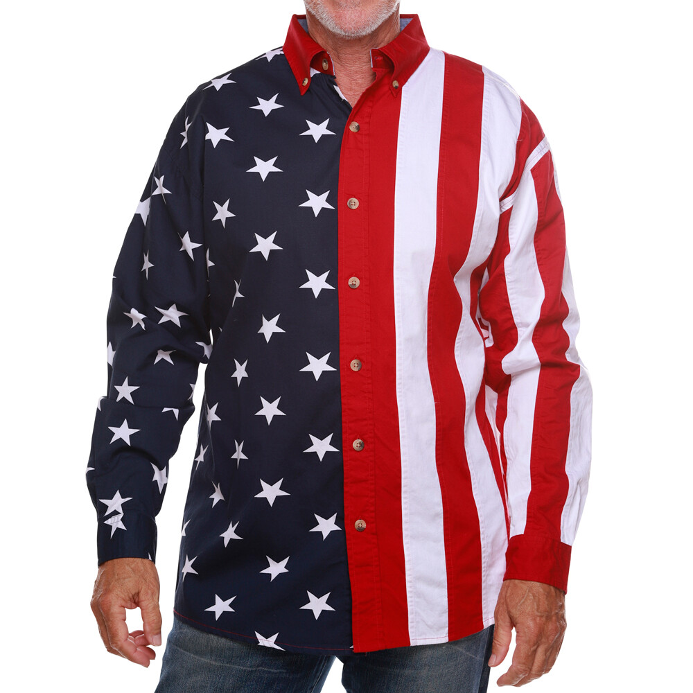 Men’s Stars & Stripes American Flag 100% Cotton Long Sleeve Button-Up Shirt USA
