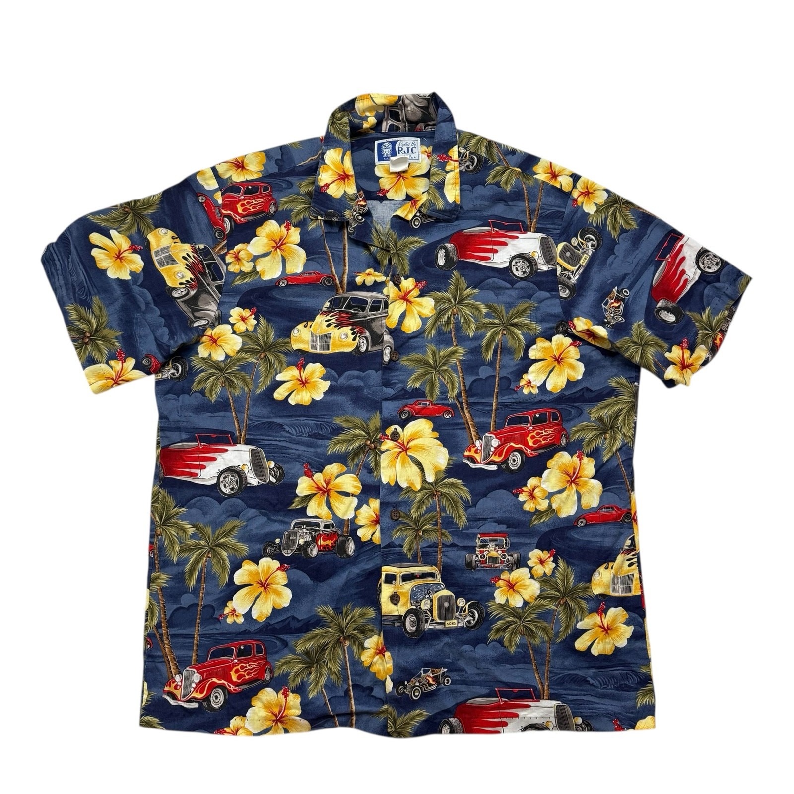 Vintage Cars Aloha Tropical Button Up Shirt Size XL Made in Hawaii RJC Hot Rod