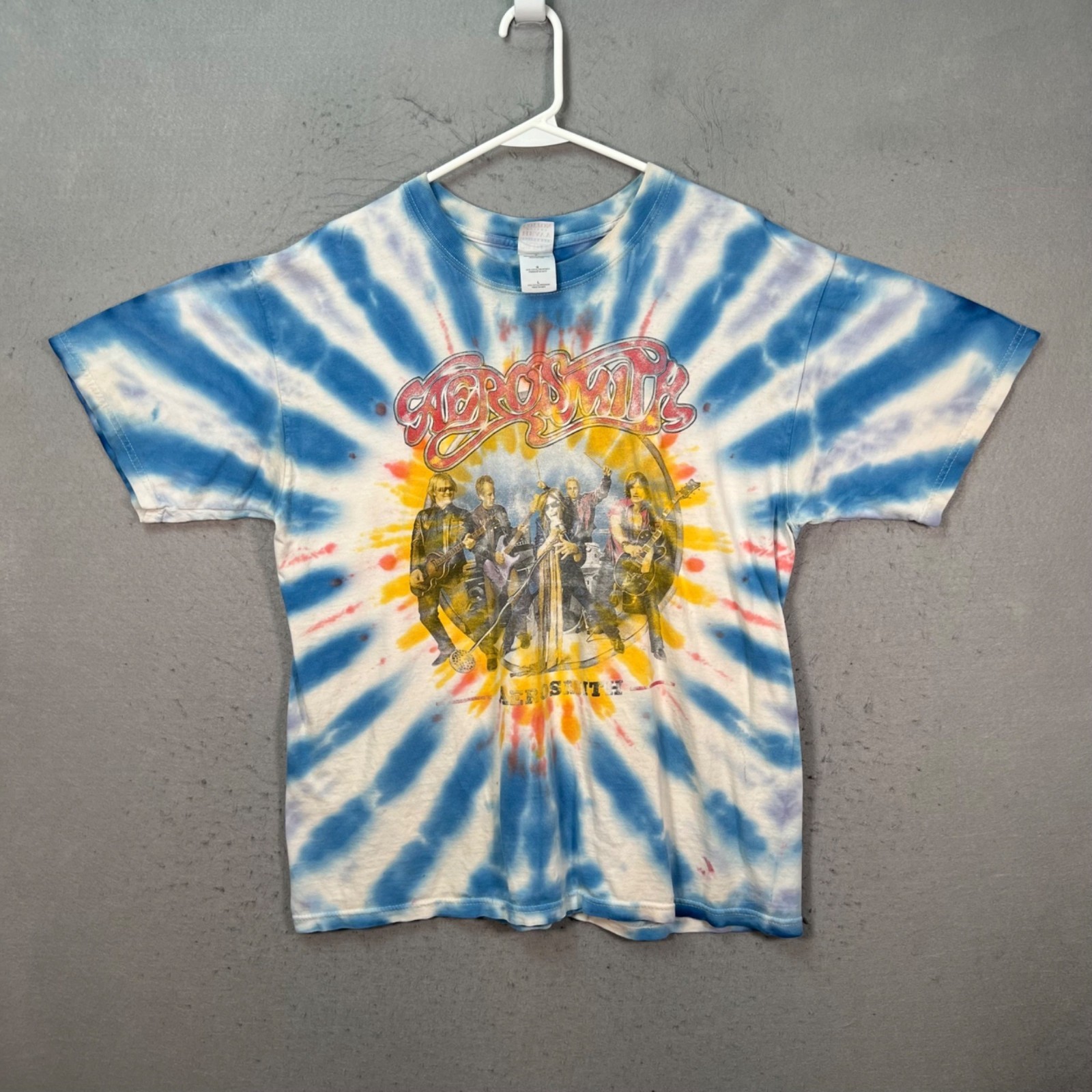 Aerosmith Band Tour Tie-Dye Concert T-Shirt Mens Size Large White Blue