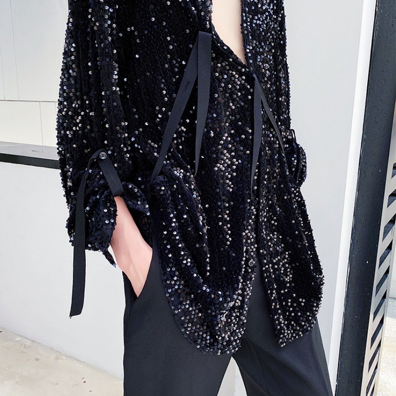 Men Sequined Velvet Button Shirt Long Sleeve Strap Glitter Nightclub Performance