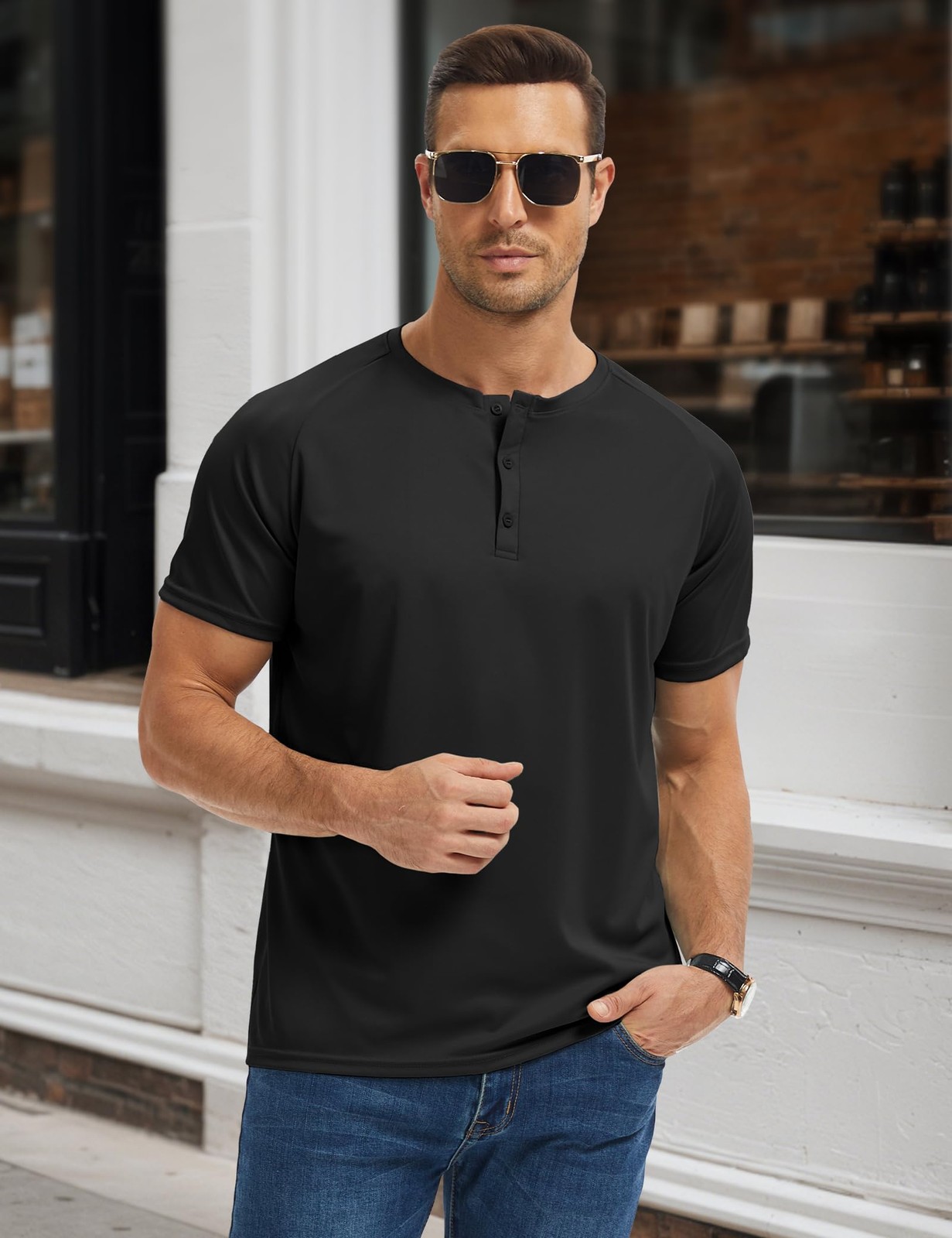 5 Pack Men’s Henley Shirt Basic T Shirt, Moisture Wicking Breathable Button D.