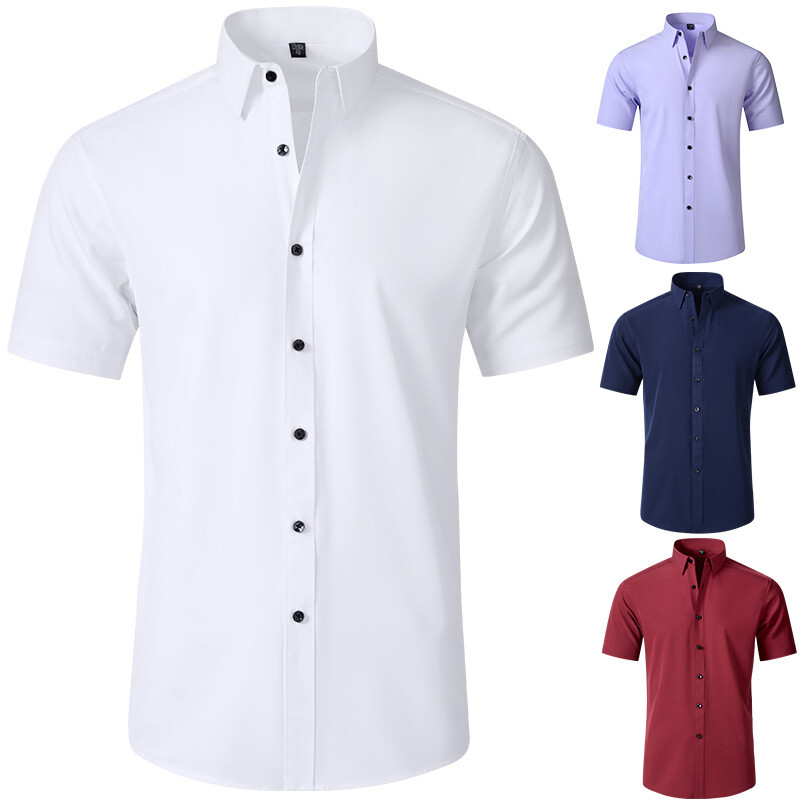 Men’s Dress Shirts Formal Business Short Sleeves Slim Fit Elastic Casual Shirts