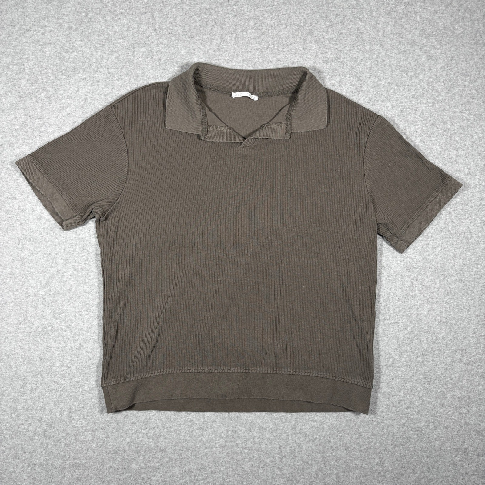 Zara Vertical Textured Polo Shirt Men Large Green Short Sleeve Rib Knit Pullover
