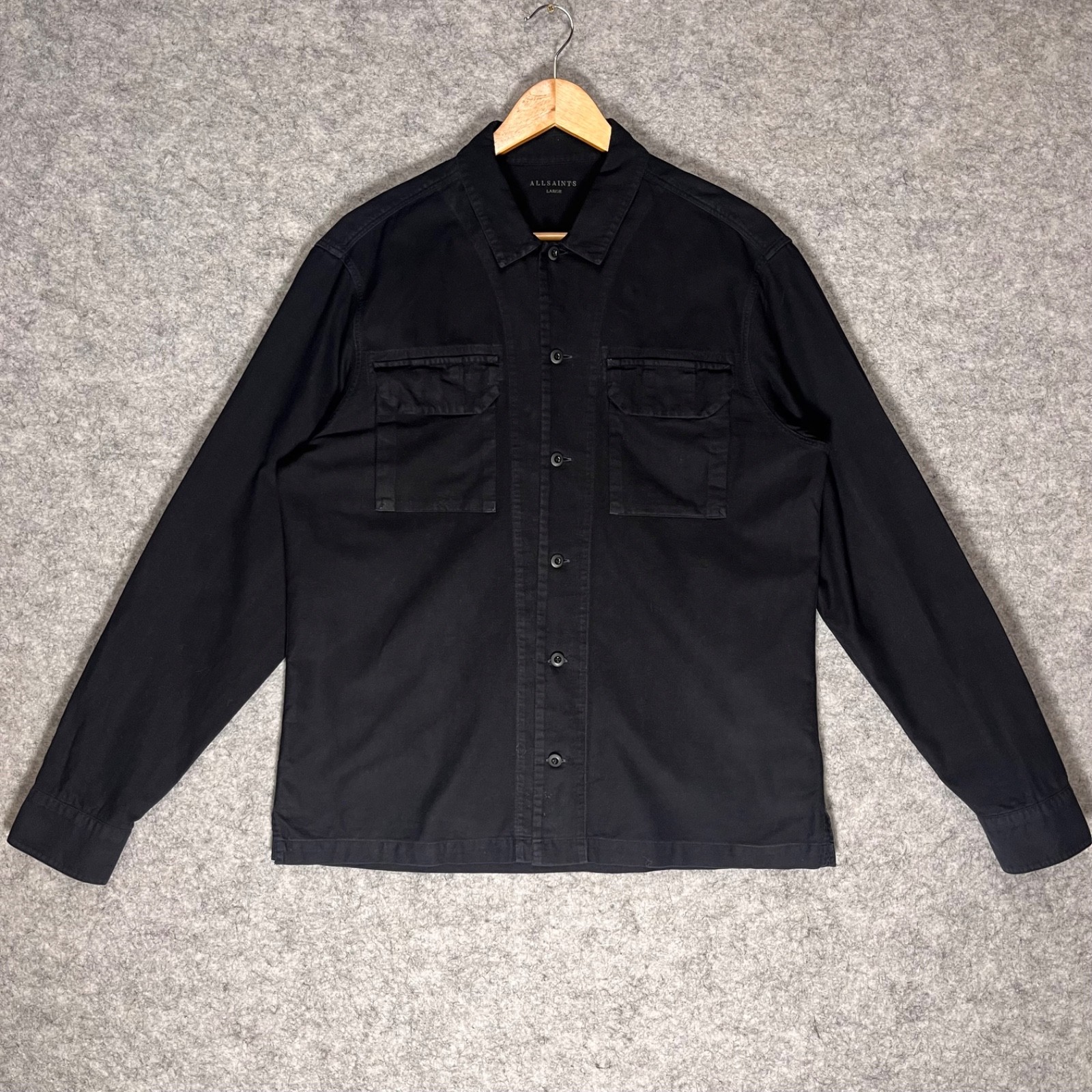 AllSaints Guerra Overshirt Mens Large Black Utility Long Sleeve Shacket