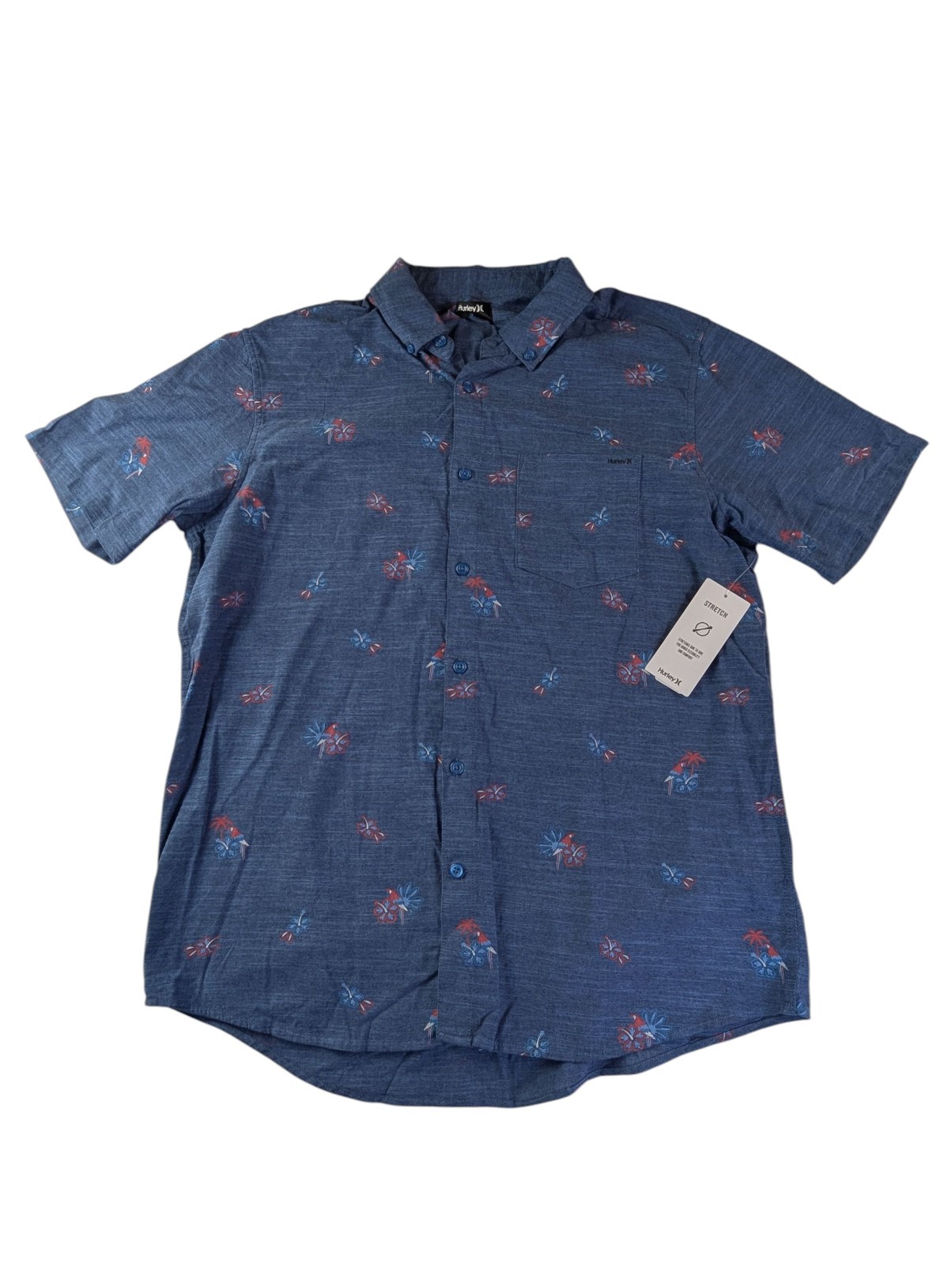 Hurley OAO Stretch Print Mens XL Navy Island Short Sleeve Button Front Shirt
