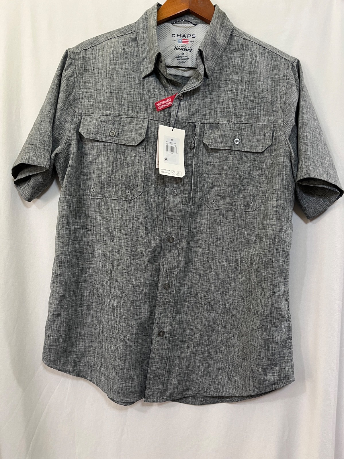 CHAPS Everyday Performance Mens Size M,L Short Sleeve Button Up Gray New