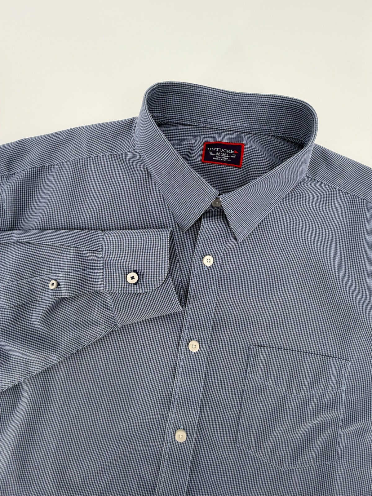 UNTUCKit Cruz WF Relaxed Fit XL Blue Micro Gingham Button Shirt Cotton