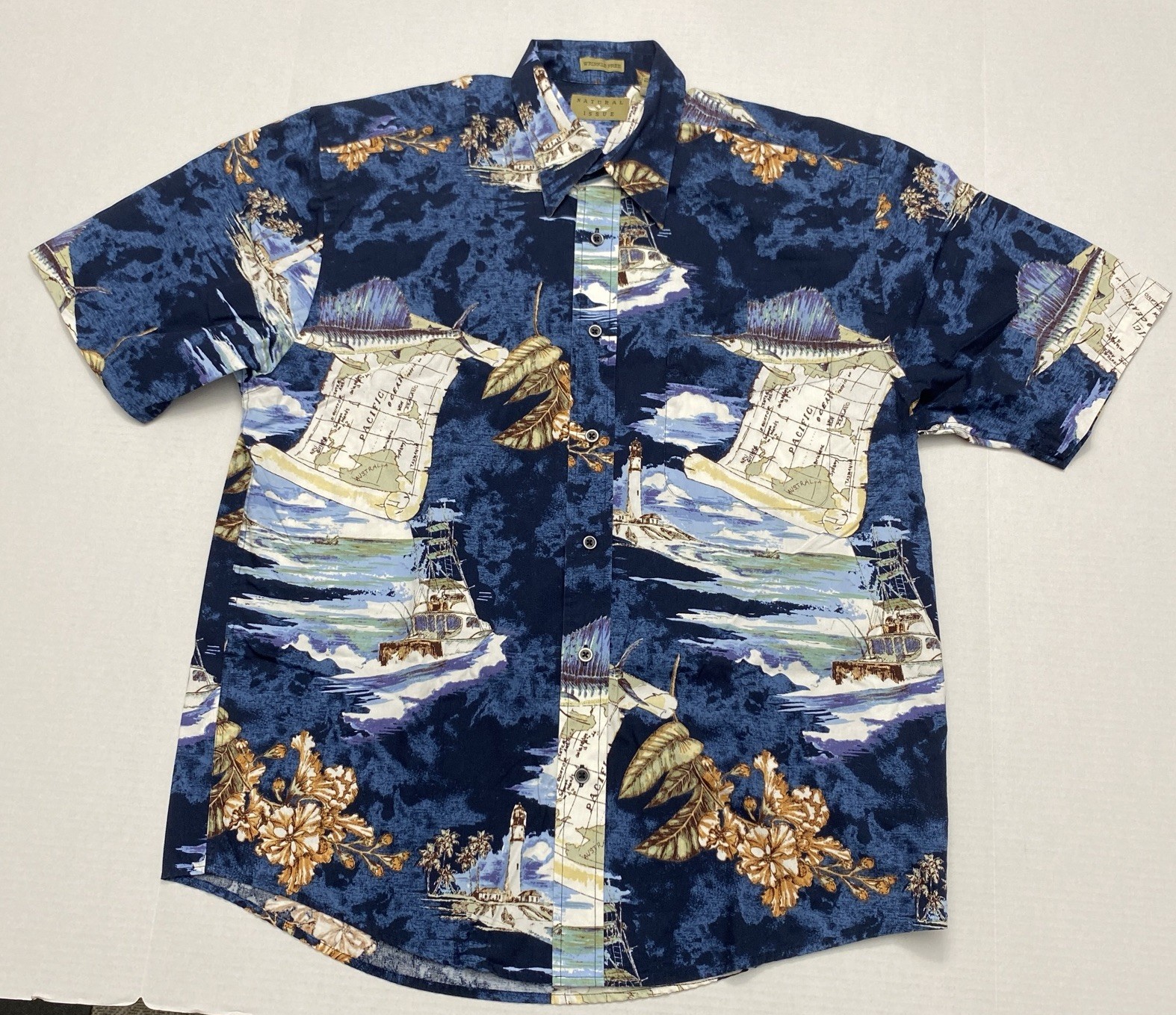 Natural Issue Shirt Men M Hawaiian Nautical Wrinkle Free Cotton Button Up Pocket