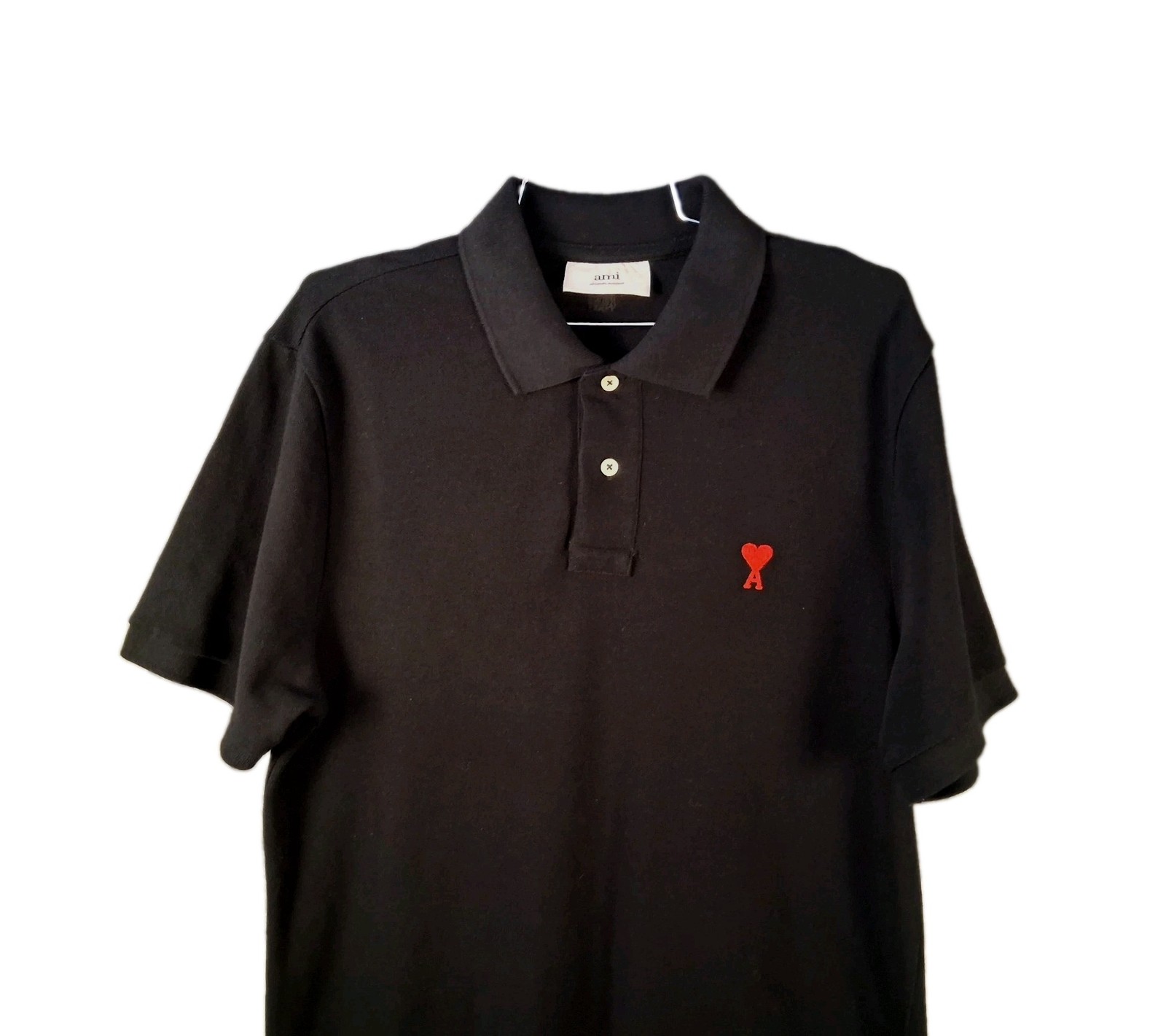 AMI Paris Men’s Large Black Polo Heart Logo Organic Cotton Made in Portugal NEW