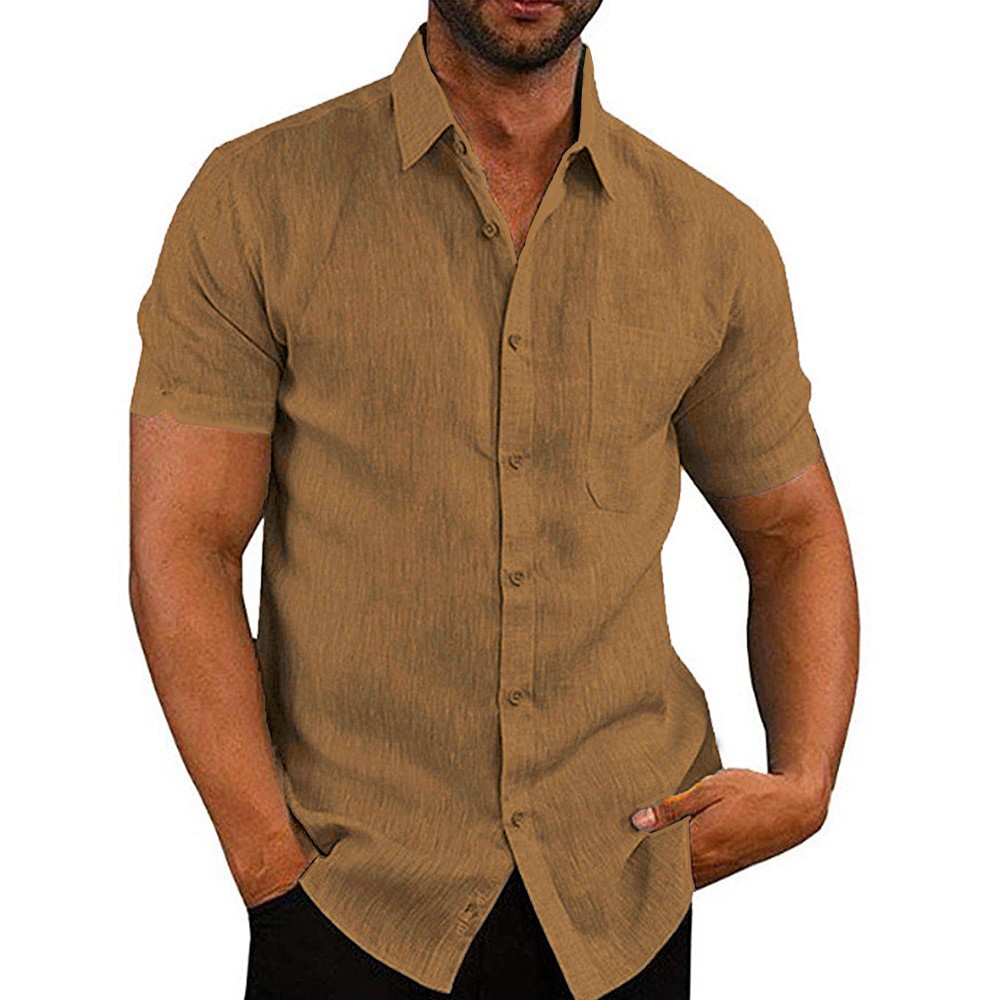 Mens Solid Short Sleeve Button Turn Down Collar Casual Blouse Casual T-shirt Top
