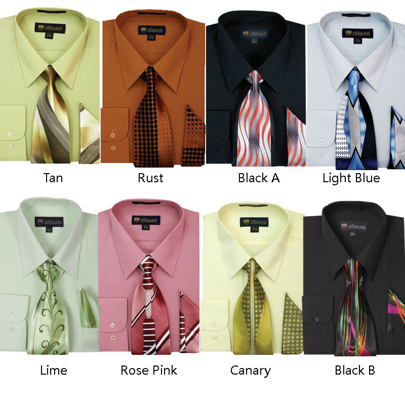 Men’s Dress Shirt + Matching Tie + Handkerchief Set Unique Colors Size 15~20 S21