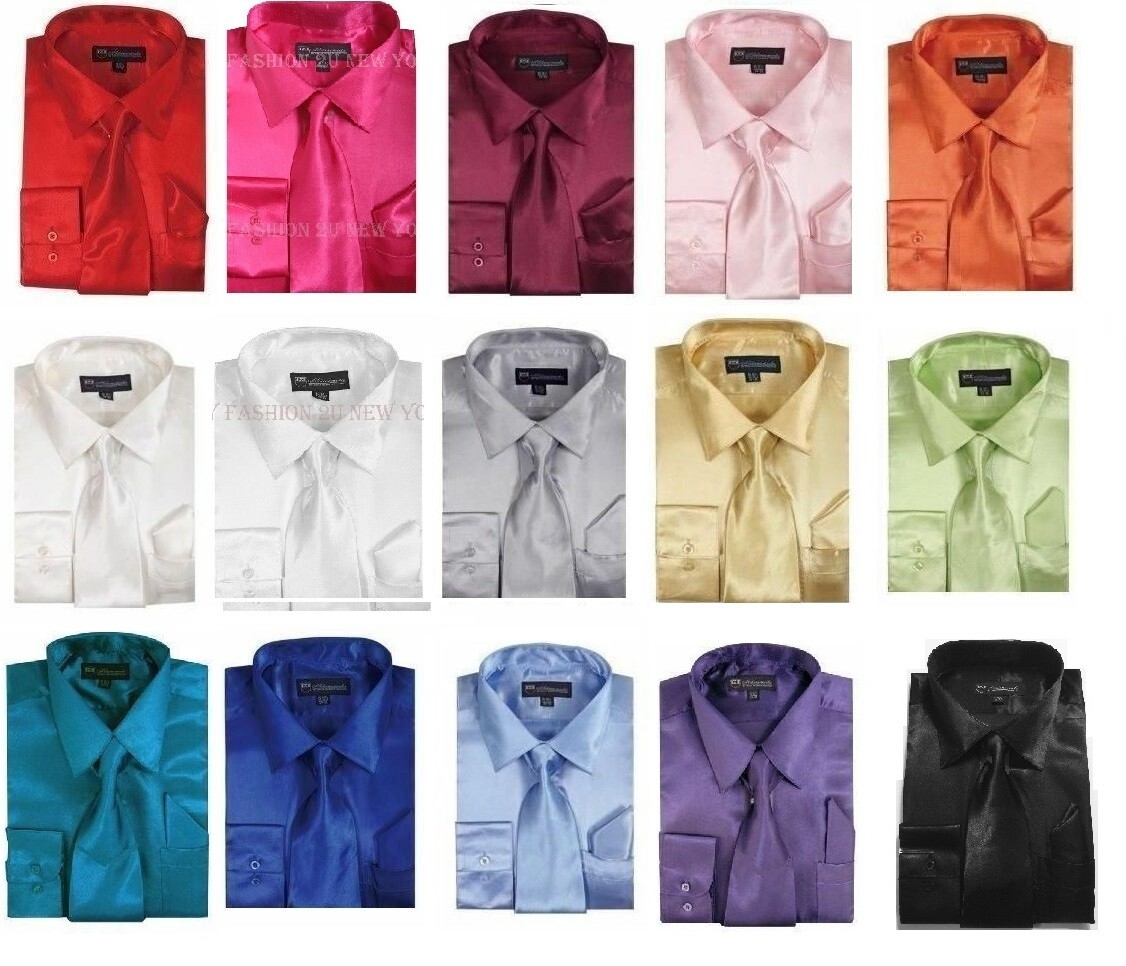 Men’s Shiny Satin Dress Shirt With Tie and Handkerchief Set Size 151/2-201/2SG08