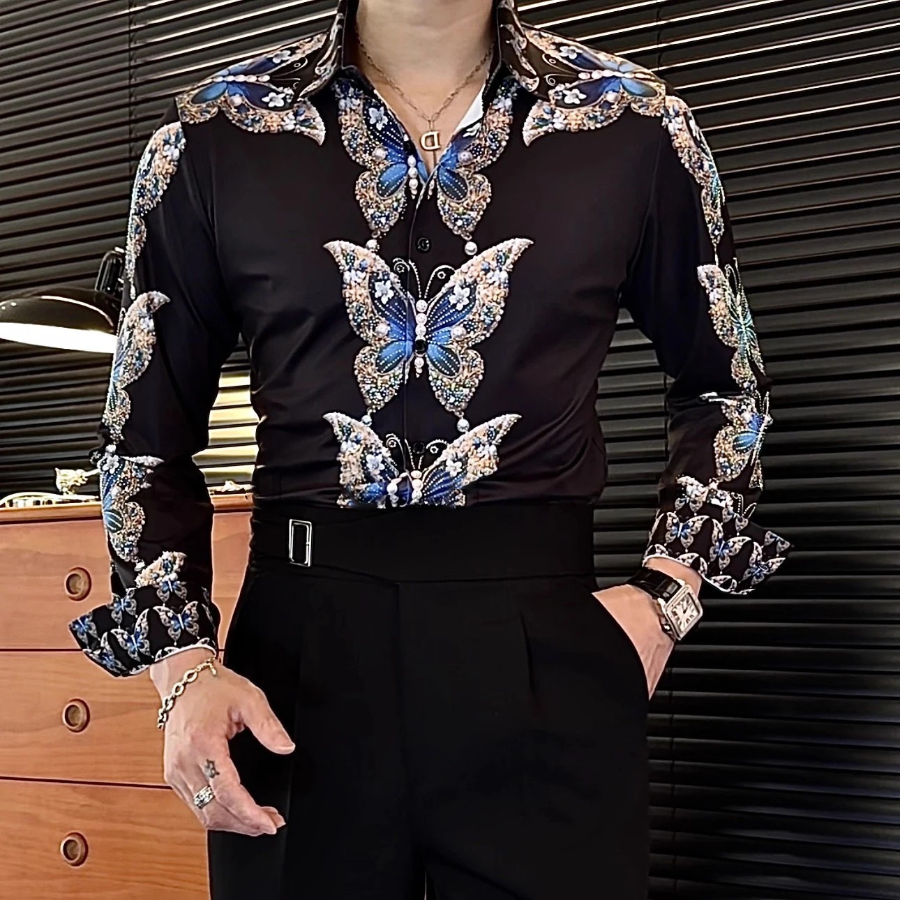 New Luxury Men Diamond Butterfly Rhinestones Button-Down Shirt High Quality