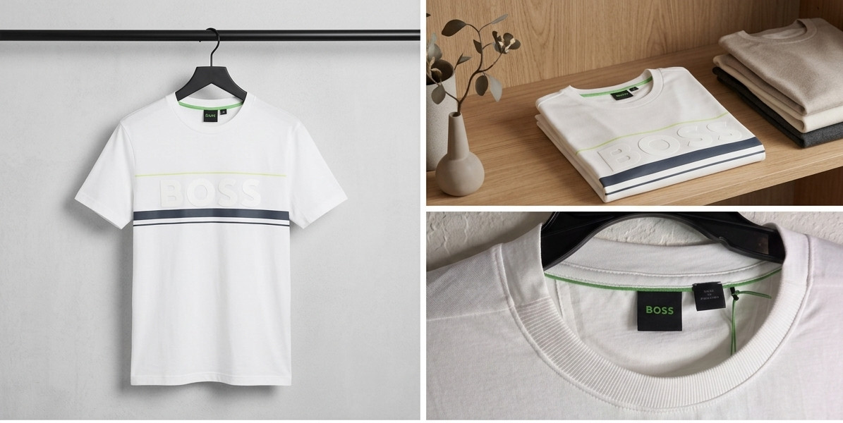 BOSS White Iconic Zone Embossed Logo Stripe Detail T-Shirt
