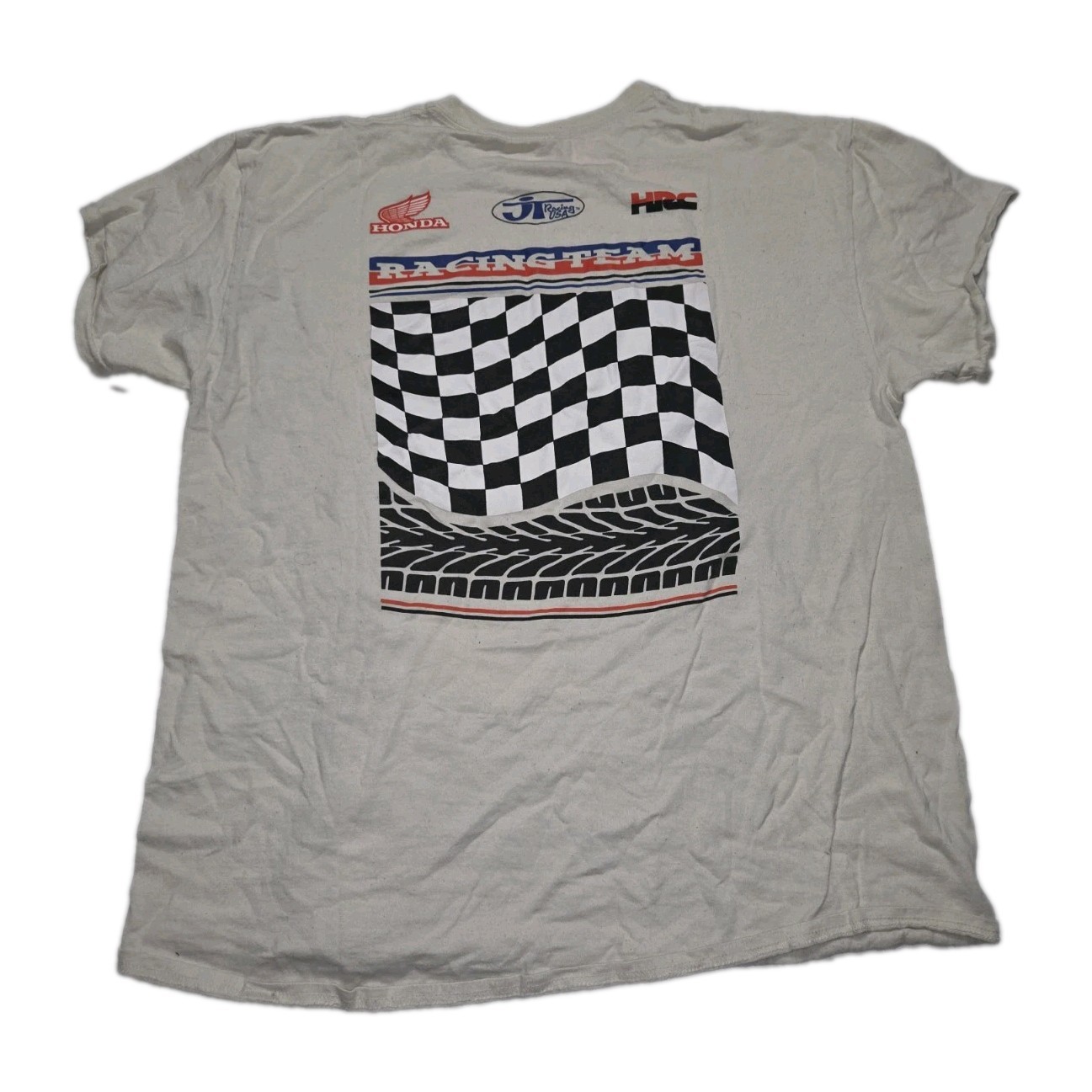 Honda Racing Team Shirt Mens Beige Checkered Flag Motorsport Cars XL / X-LARGE