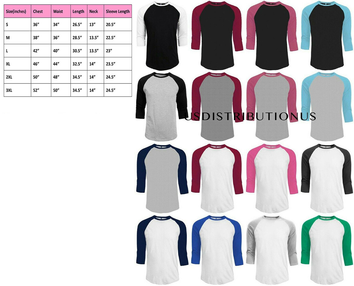3/4 Sleeve Plain T-Shirt Baseball Tee Raglan Jersey Sports Men’s Tee