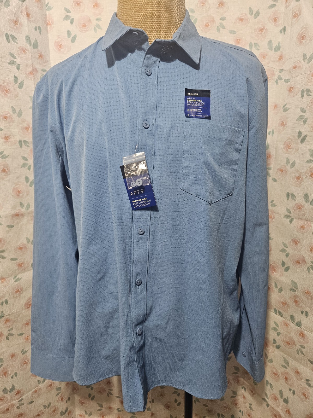 APT 9, MEN’S NEW BLUE POLY BL LONG SLEEVE PREMIER FLEX PERFORMANCE SHIRT, SZ XXL