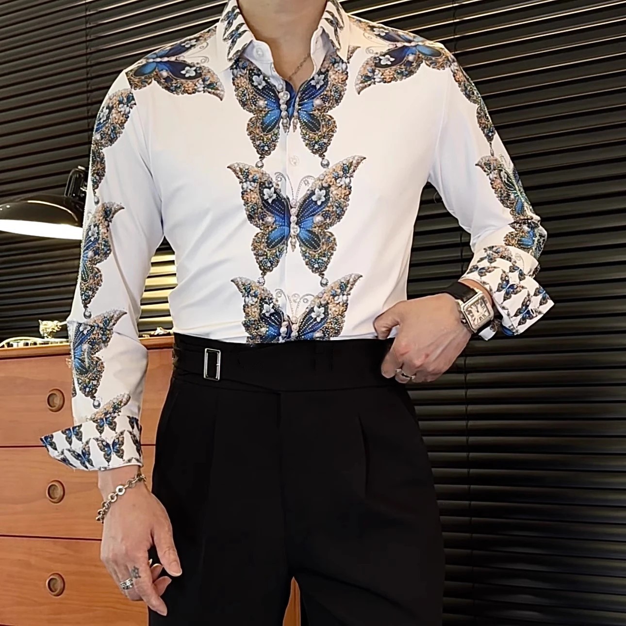 New Luxury Men Diamond Butterfly Rhinestones Button-Down Shirt High Quality