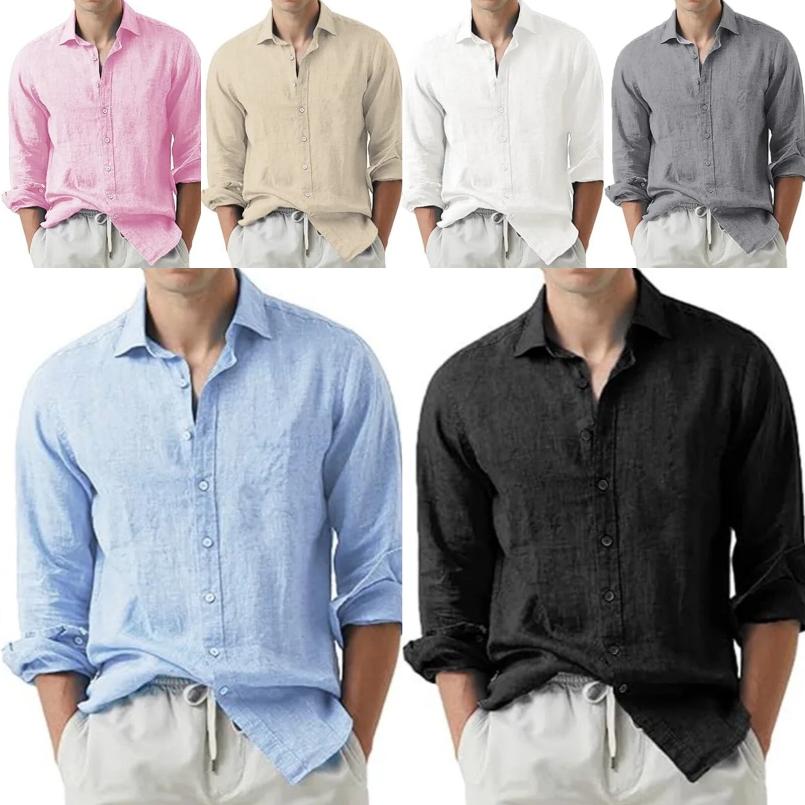 Shirt Men’s Long Sleeve Plain Cotton Linen Club Button Down Short Casual 25% OFF