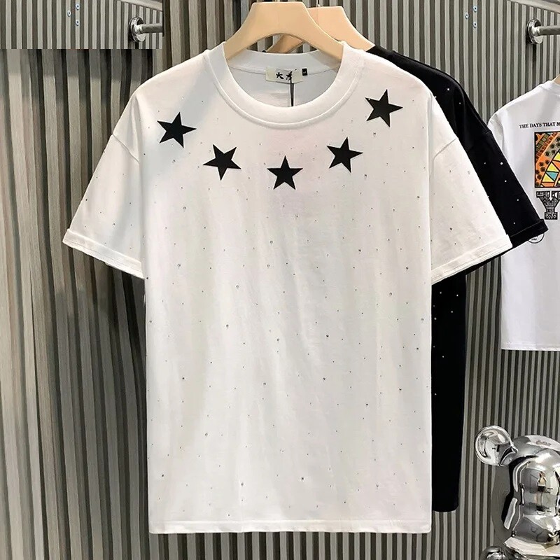 Fashion Trend Stars Rhinestone Diamond Summer Short Sleeve Luxury Men T-Shirt