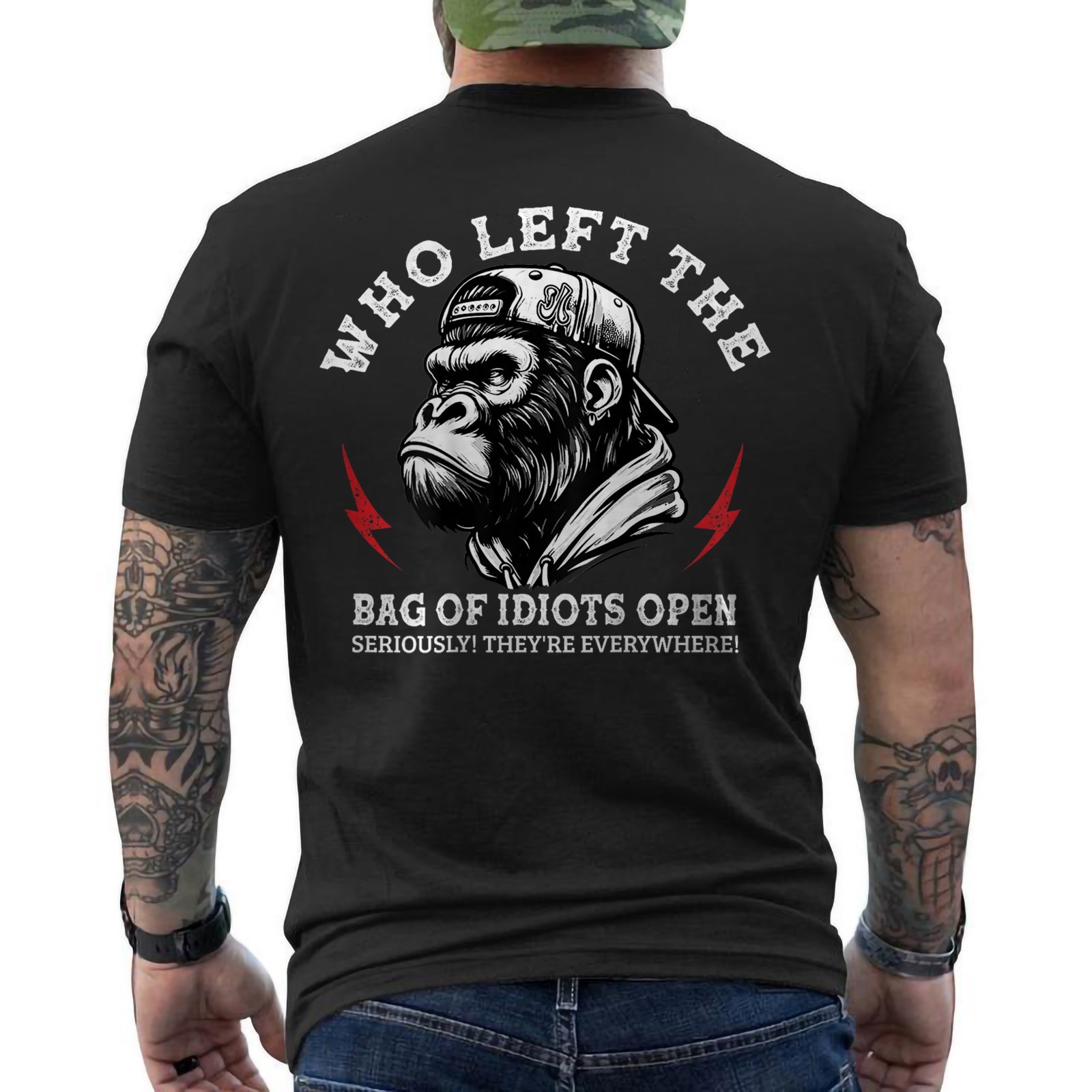 Who Left The Bag Of Idiots Open Seriously Funny Monkey ON BACK T-Shirt