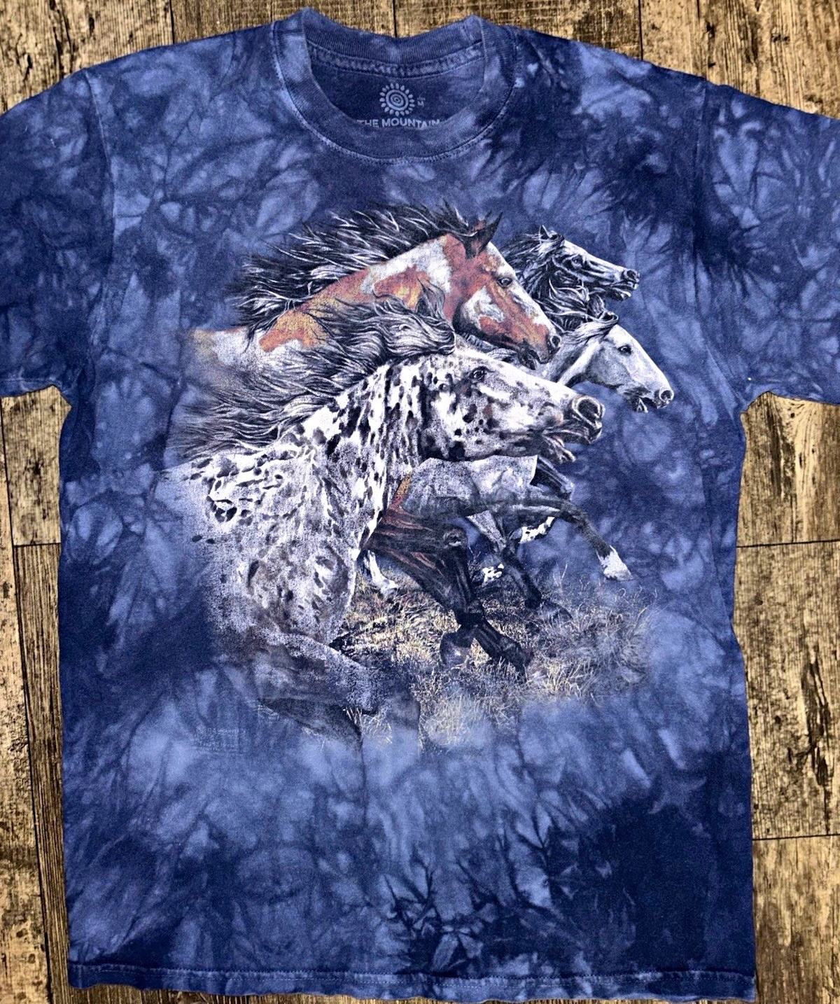 The Mountain Running Horses Blue Tie-Dye Graphic T-Shirt M Crew Neck
