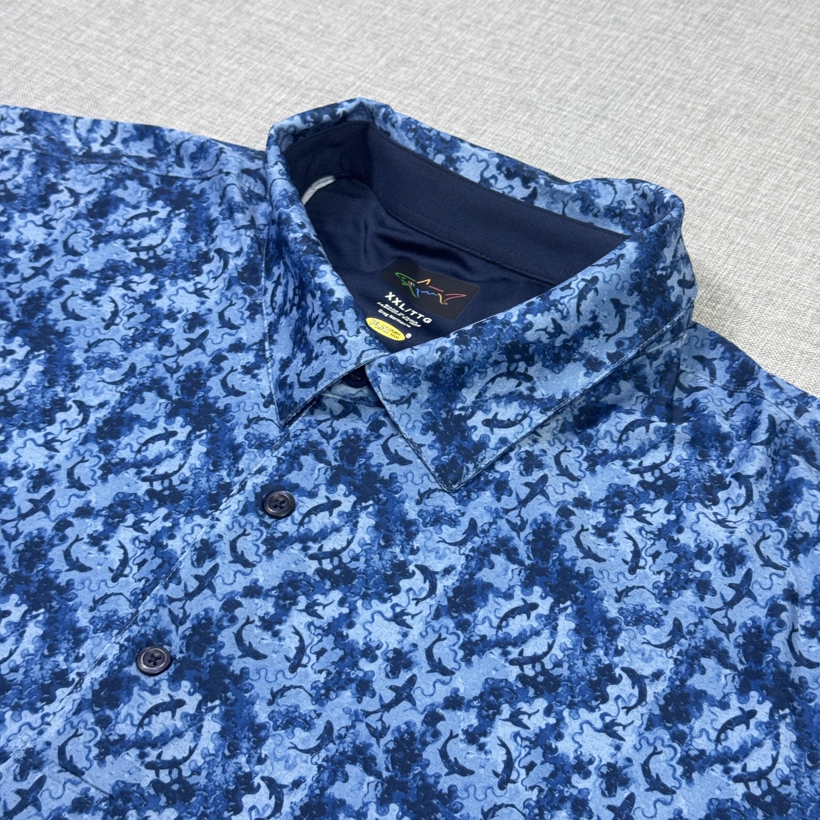 Greg Norman Shark Print Golf Polo Shirt Mens 2XL Blue Polyester Spandex PlayDry