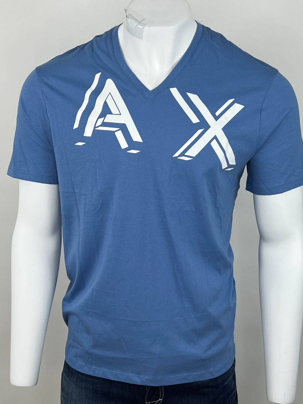 Armani Exchange Cotton Stencil Logo Regular Fit V Neck T Shirt Blue NWT