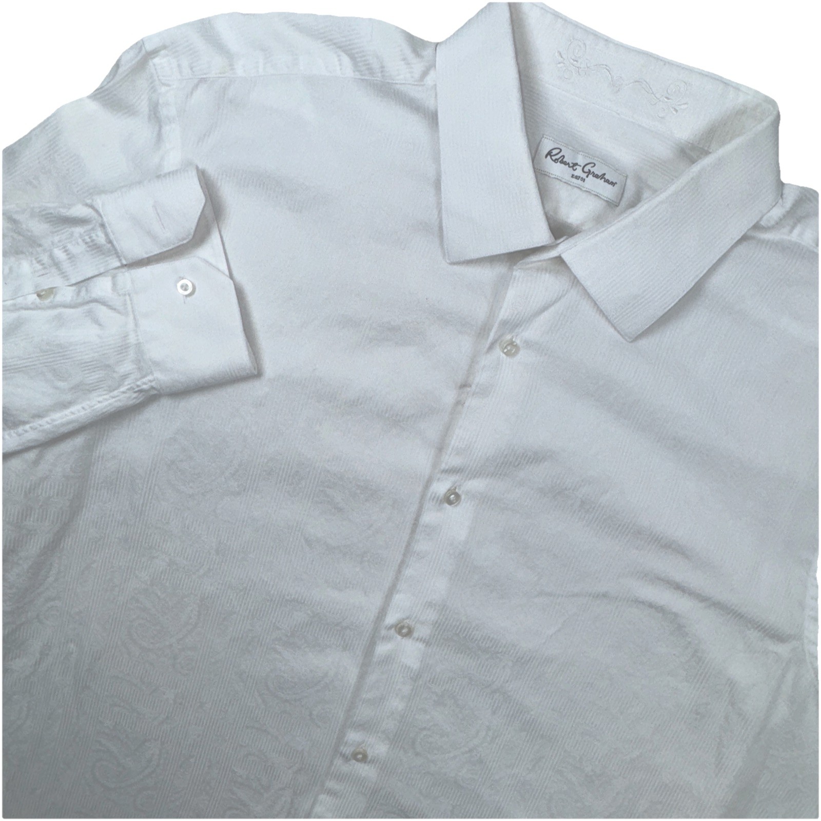 Vintage Robert Graham Shirt Size 18 White On White Paisley Cuff Embroidered