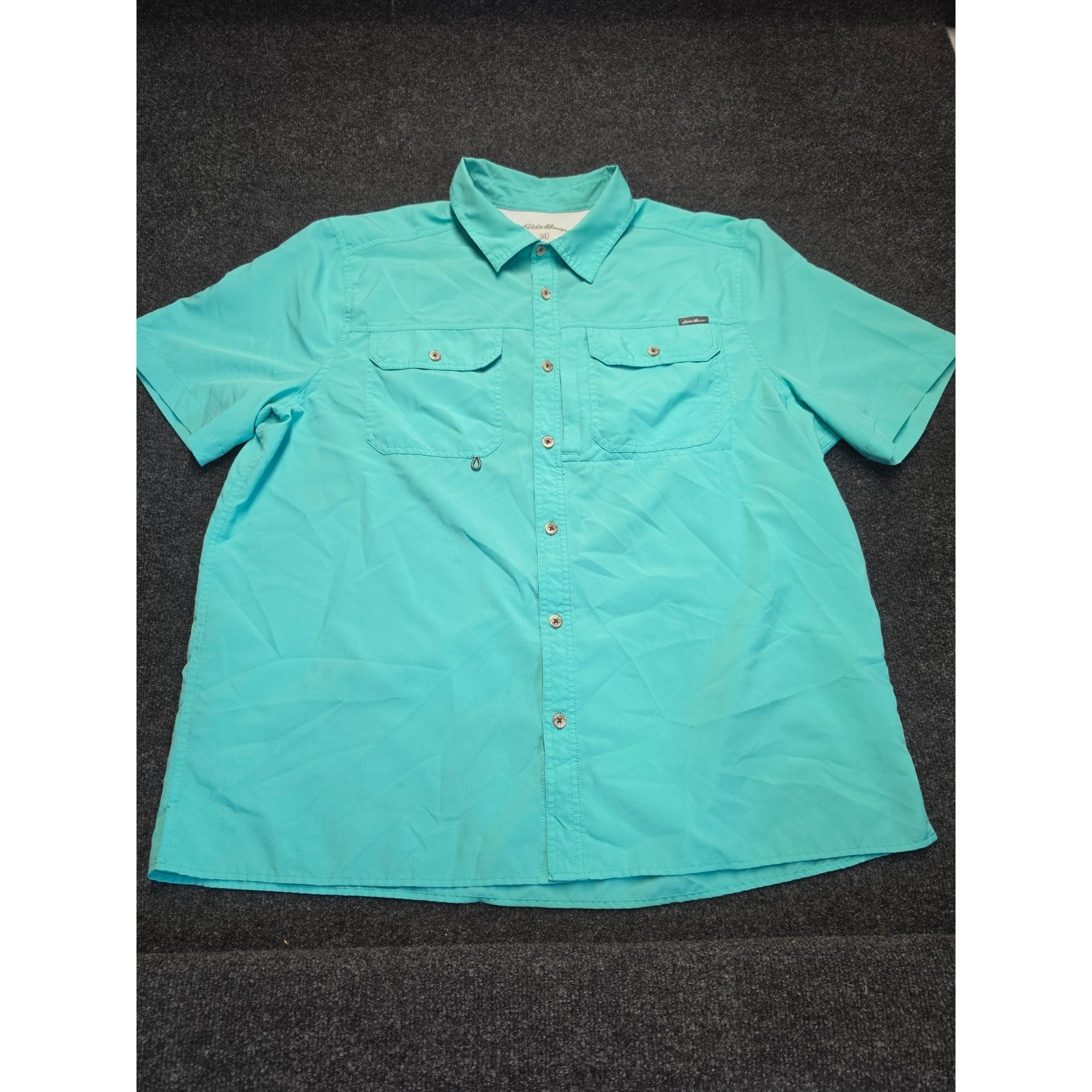 Eddie Bauer Mens XL Turquoise Blue Short Sleeve Fishing Hiking Button Up Shirt