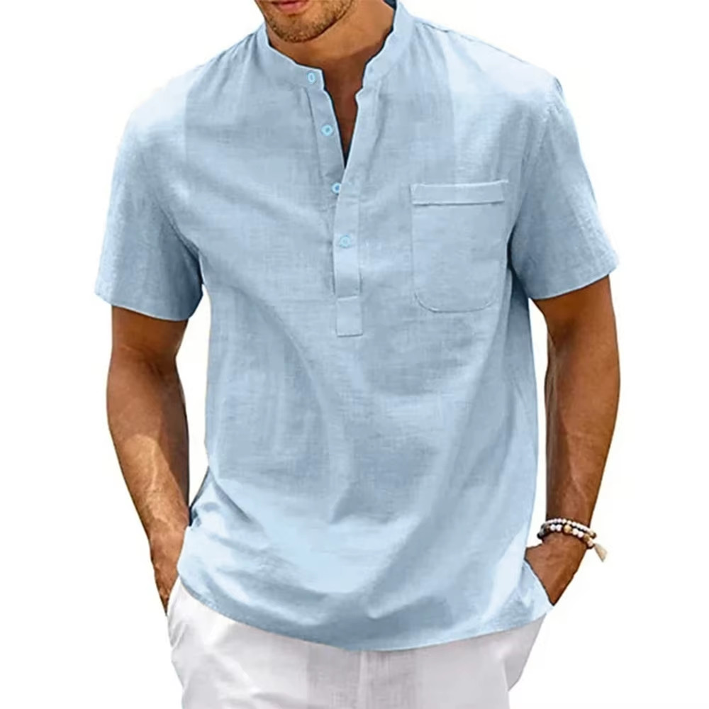 Men Cotton Linen Henley Shirt Short Sleeve Casual Beach Top US