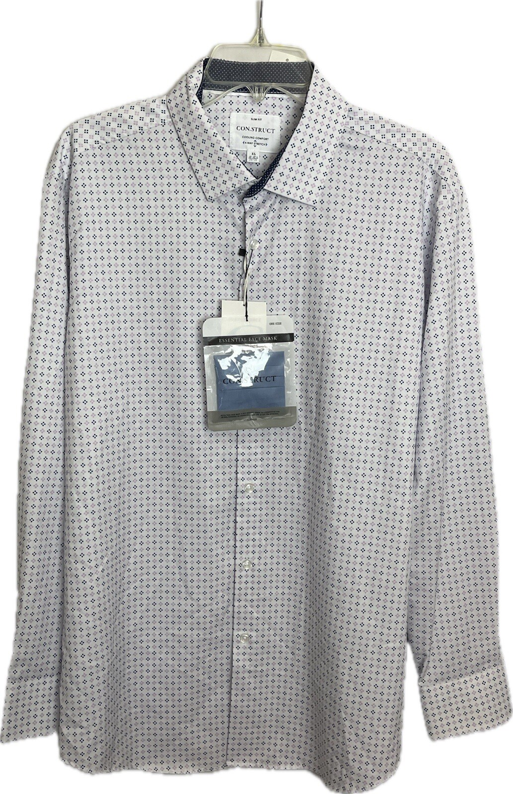 Con. Struct Men’s Slim-Fit White Purple Diamond Print Dress Shirt XL Retail $79
