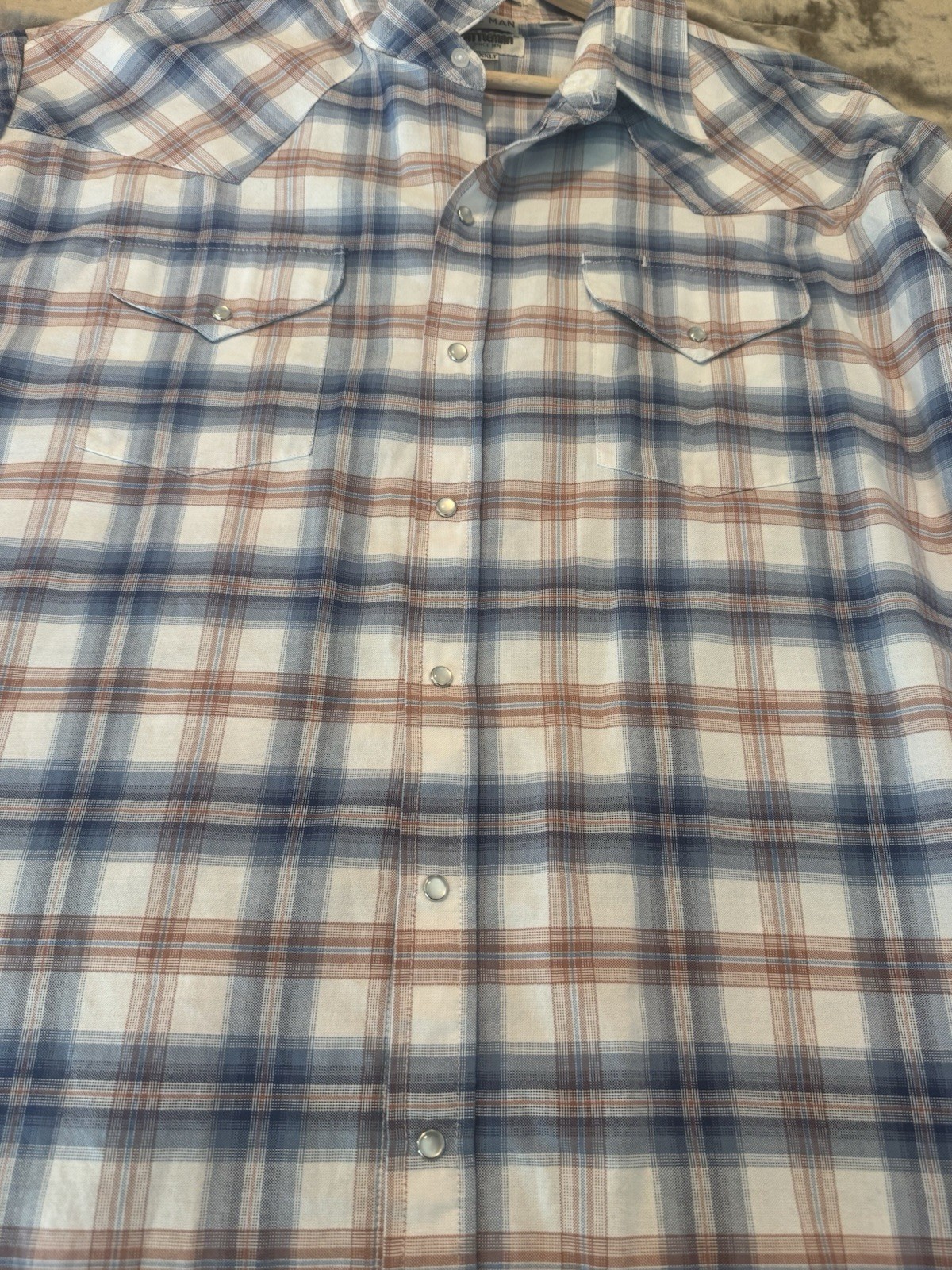 ELY Cattleman Men’s XXLT Blue White Brown Plaid Long Sleeve Button-Up Pockets